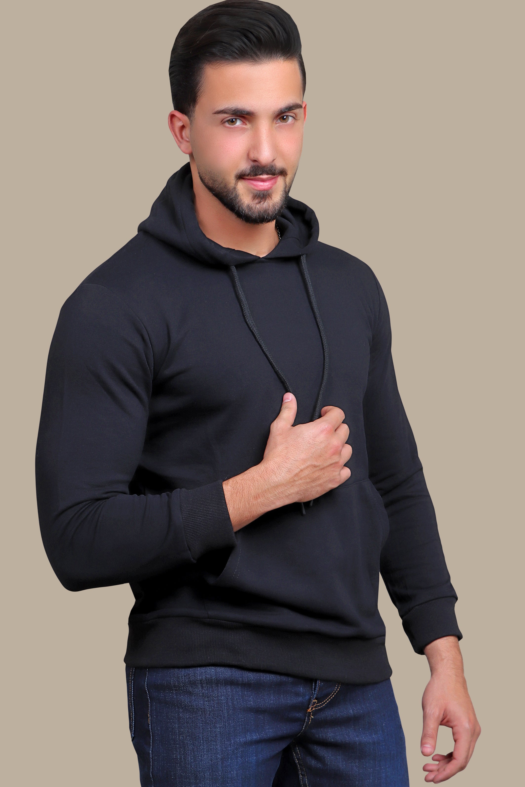 Onyx Comfort: Black Hooded Sweatshirt with Pockets