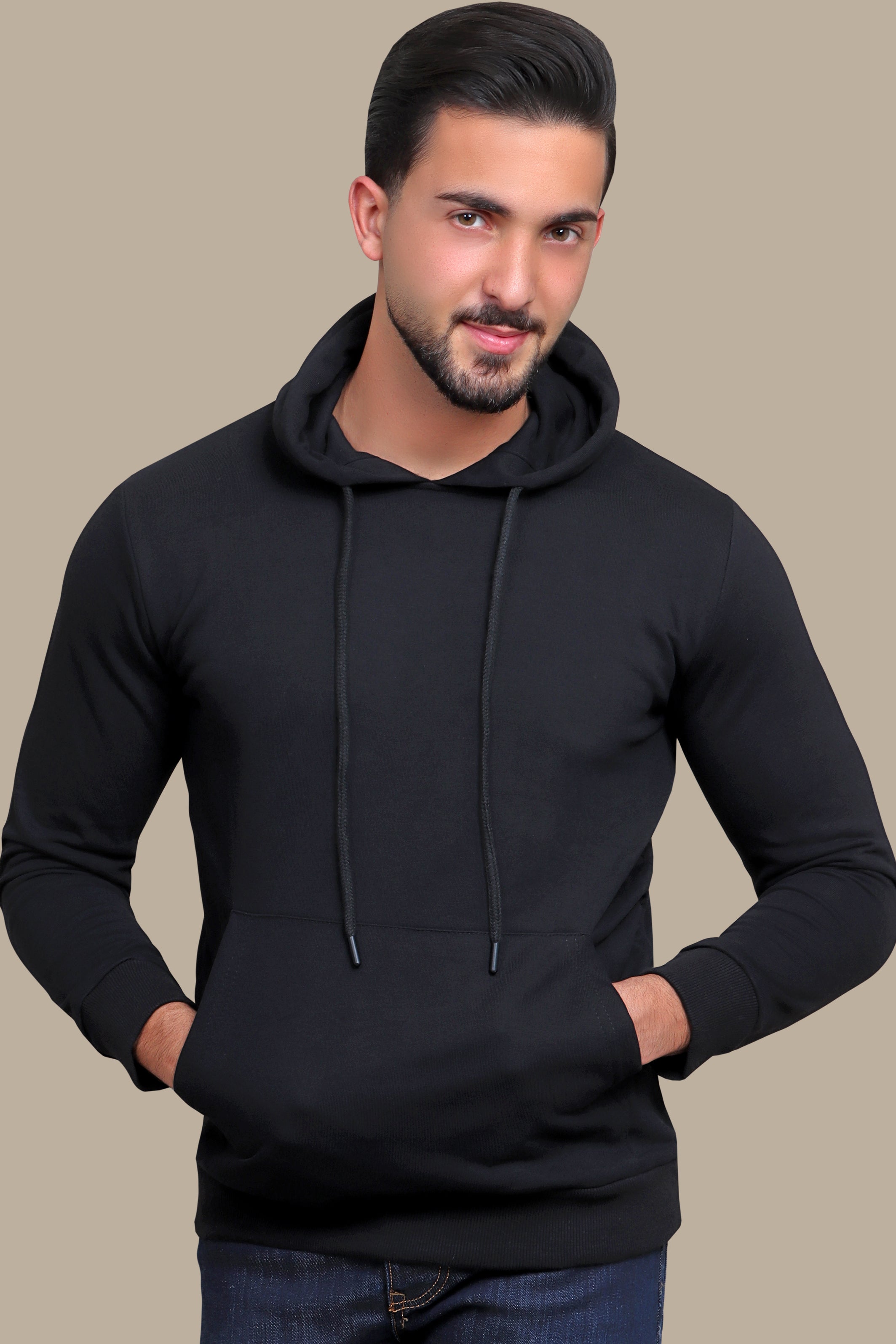 Onyx Comfort: Black Hooded Sweatshirt with Pockets