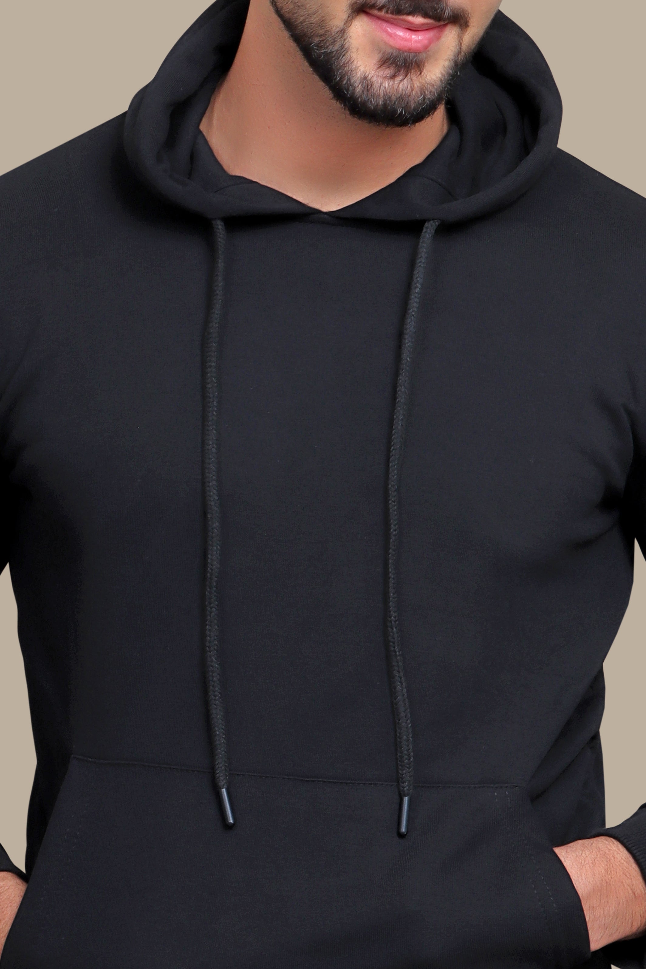 Onyx Comfort: Black Hooded Sweatshirt with Pockets