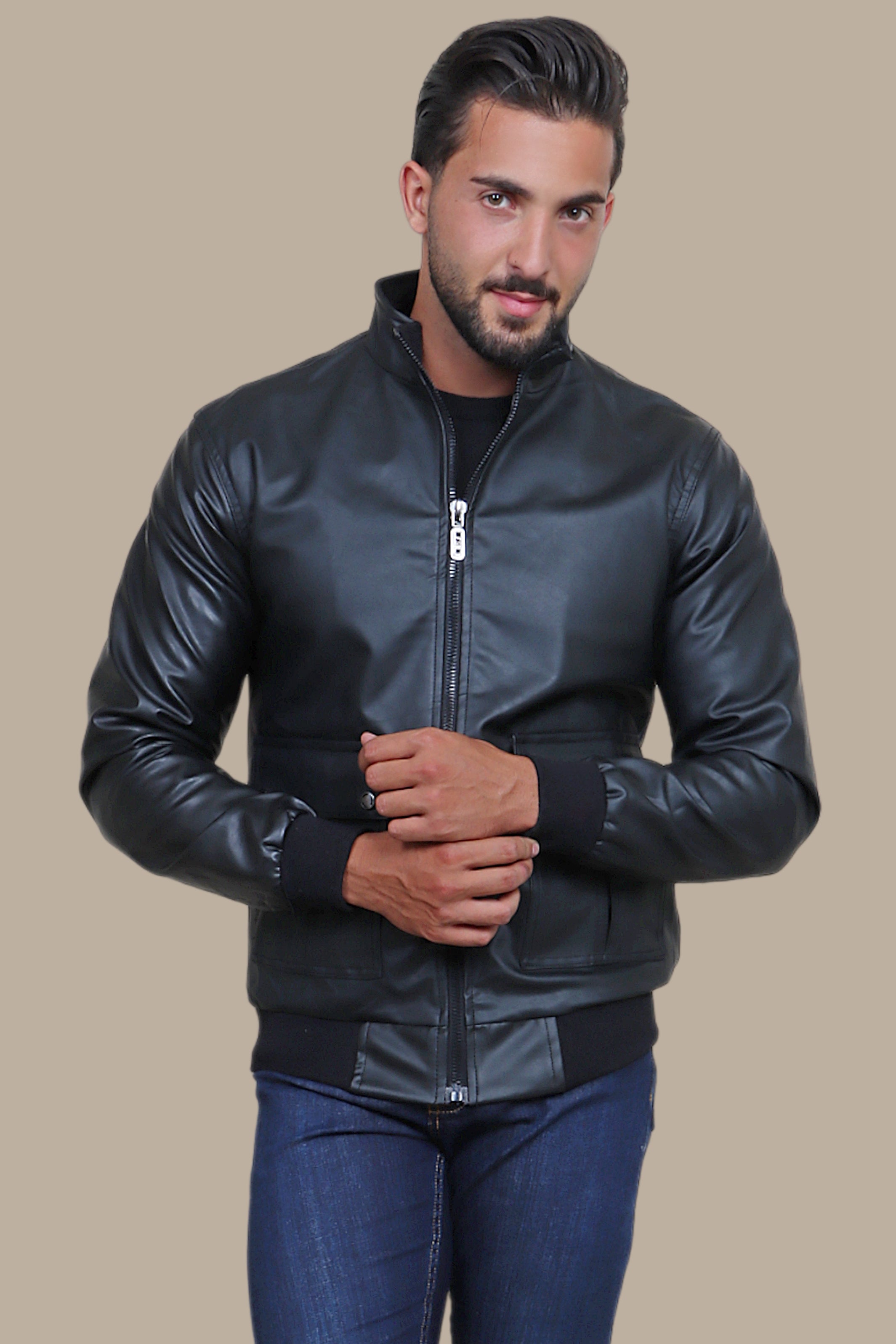 Black Elegance: Faux Leather Jacket with Two Flap Pockets