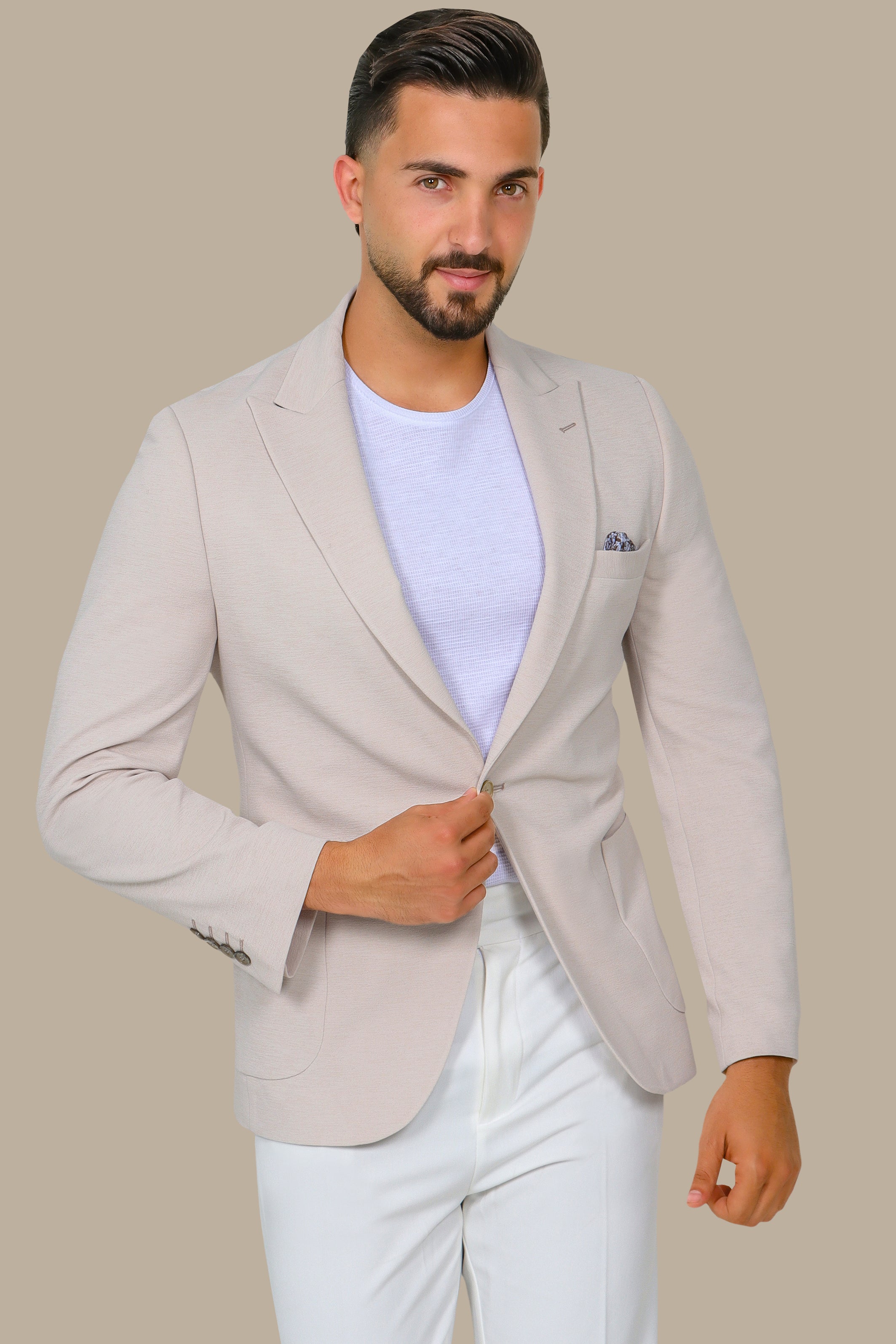 Desert Sands: The Beige Stretch Peak Blazer with Patch Pockets