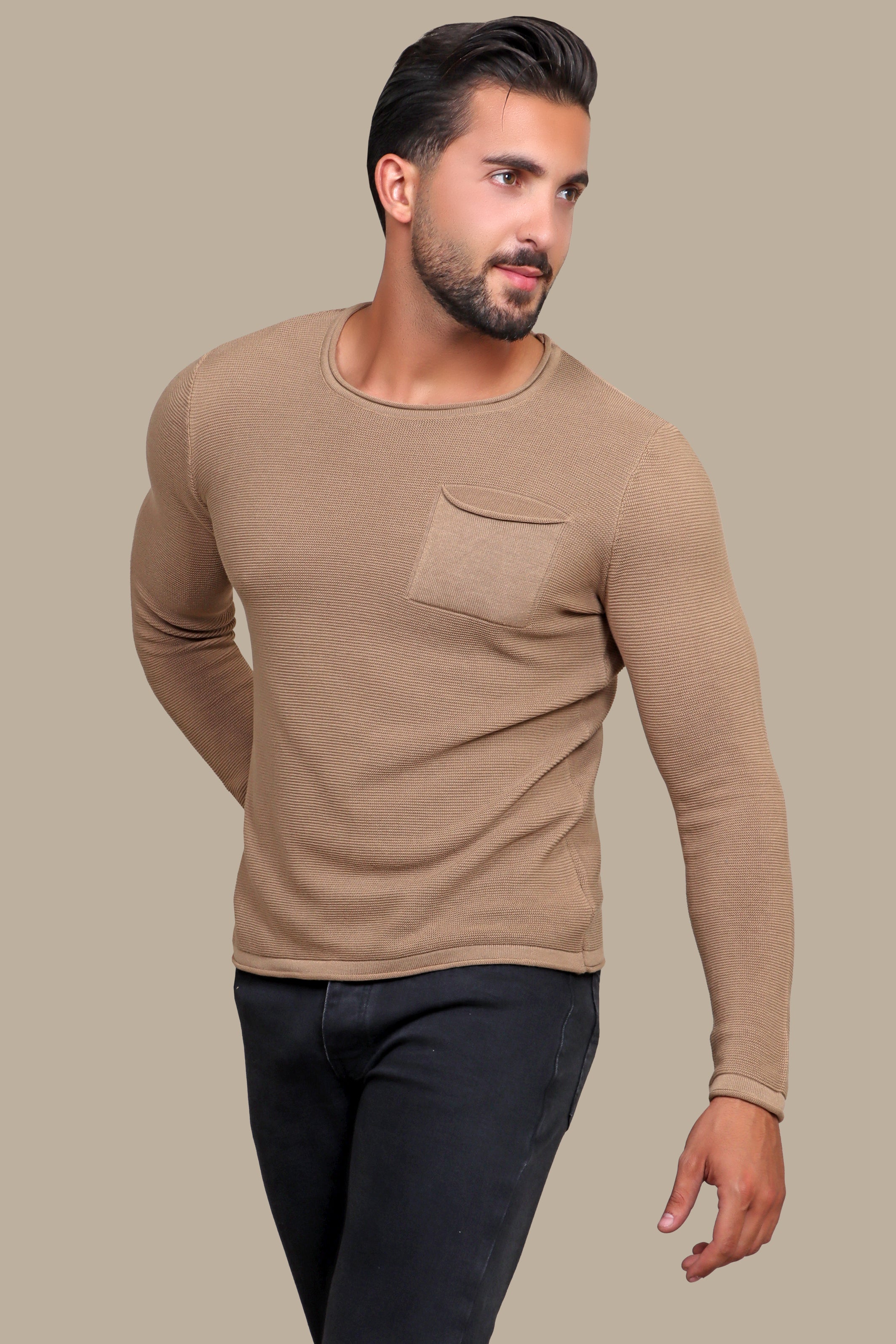 Beige Ribbed Sweater with Chic Pocket Detail: Effortless Comfort & Style