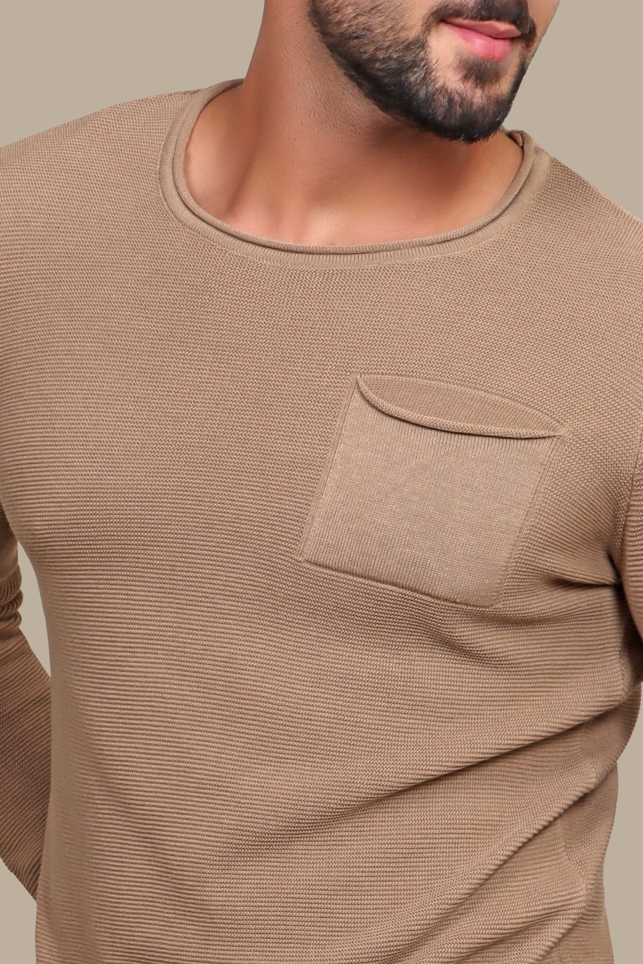 Beige Ribbed Sweater with Chic Pocket Detail: Effortless Comfort & Style