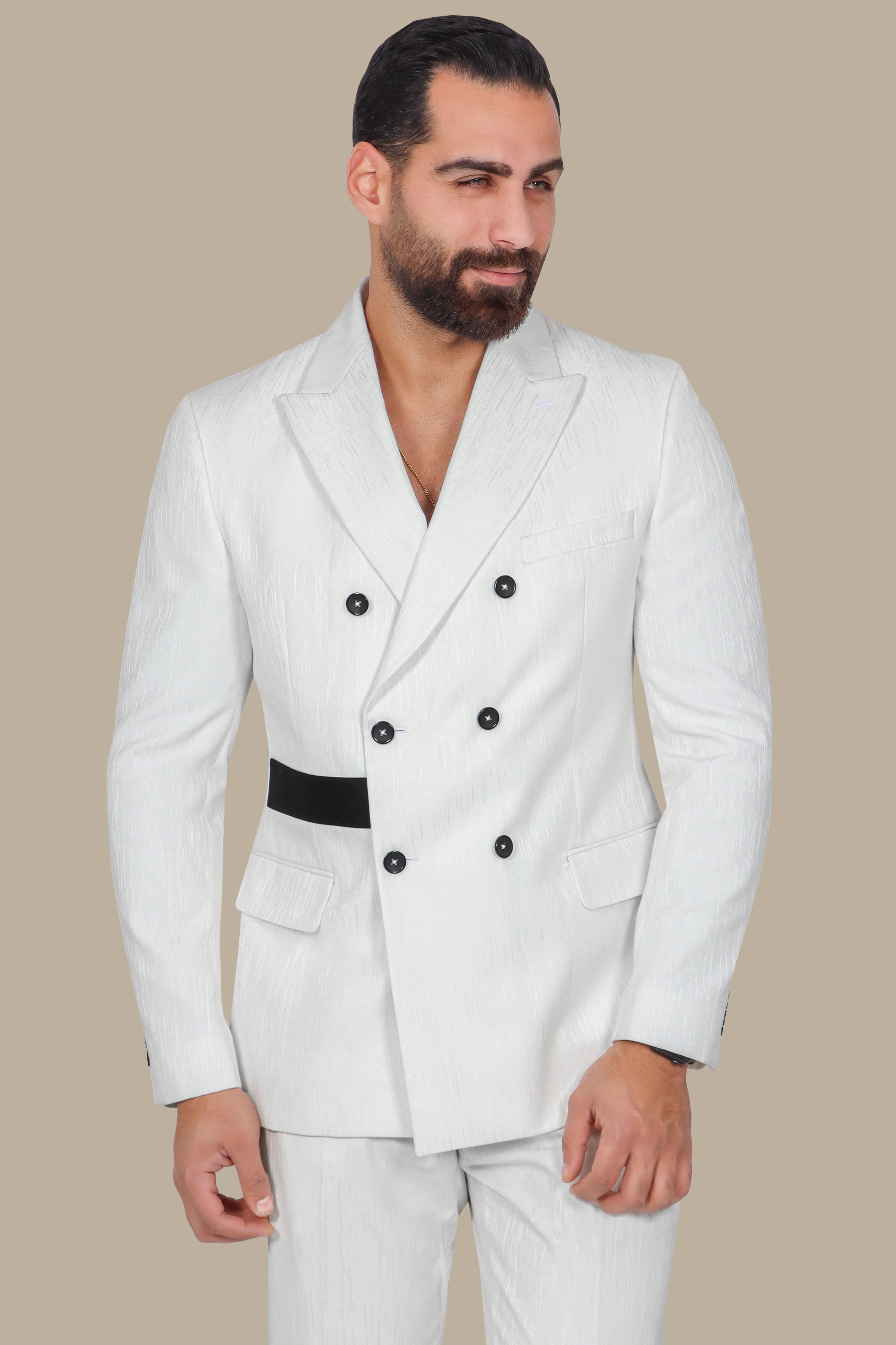 White Tuxedo with Wide Peak Lapel Black Side Line