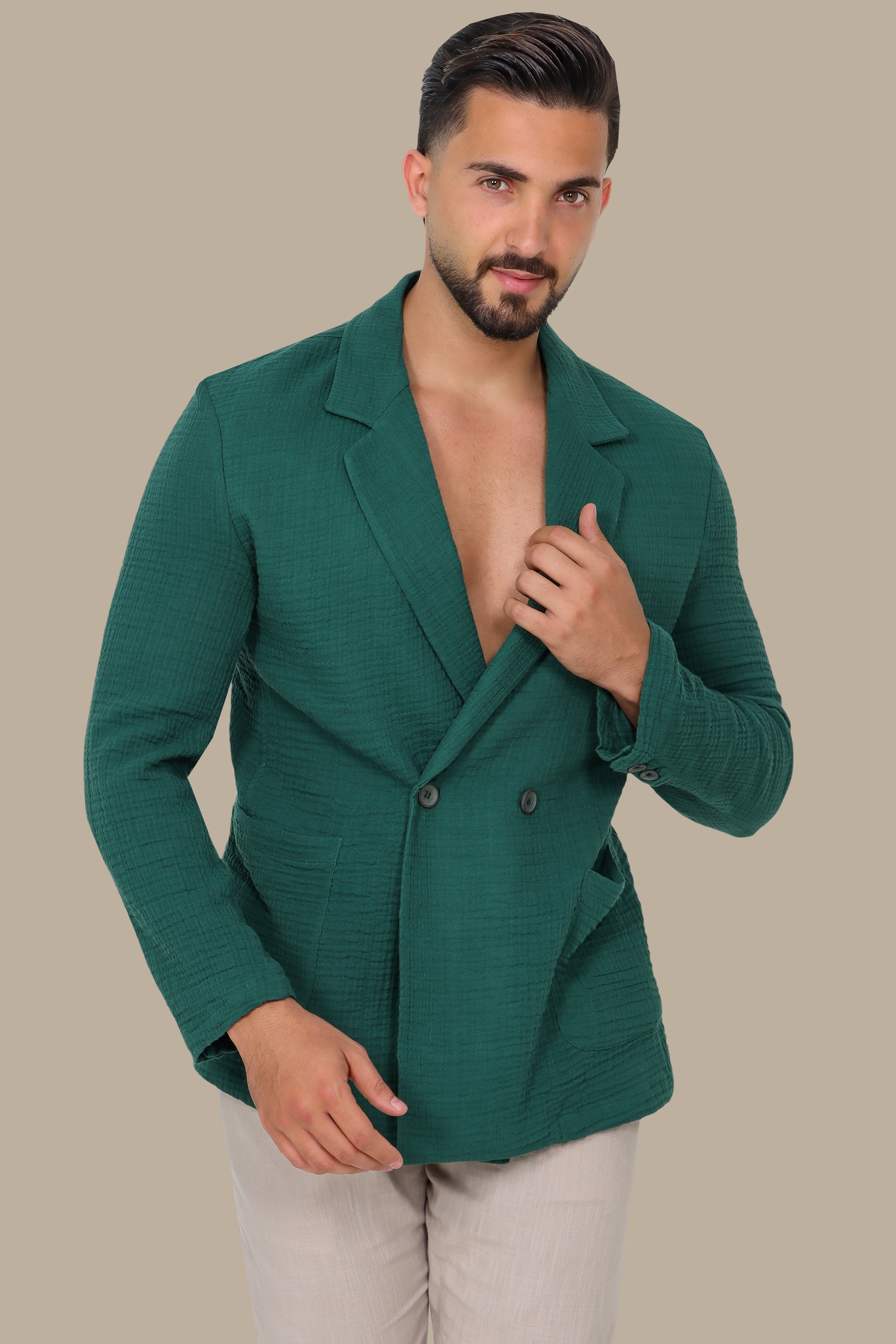 Green Linen Double-Breasted Blazer with Notch Lapel