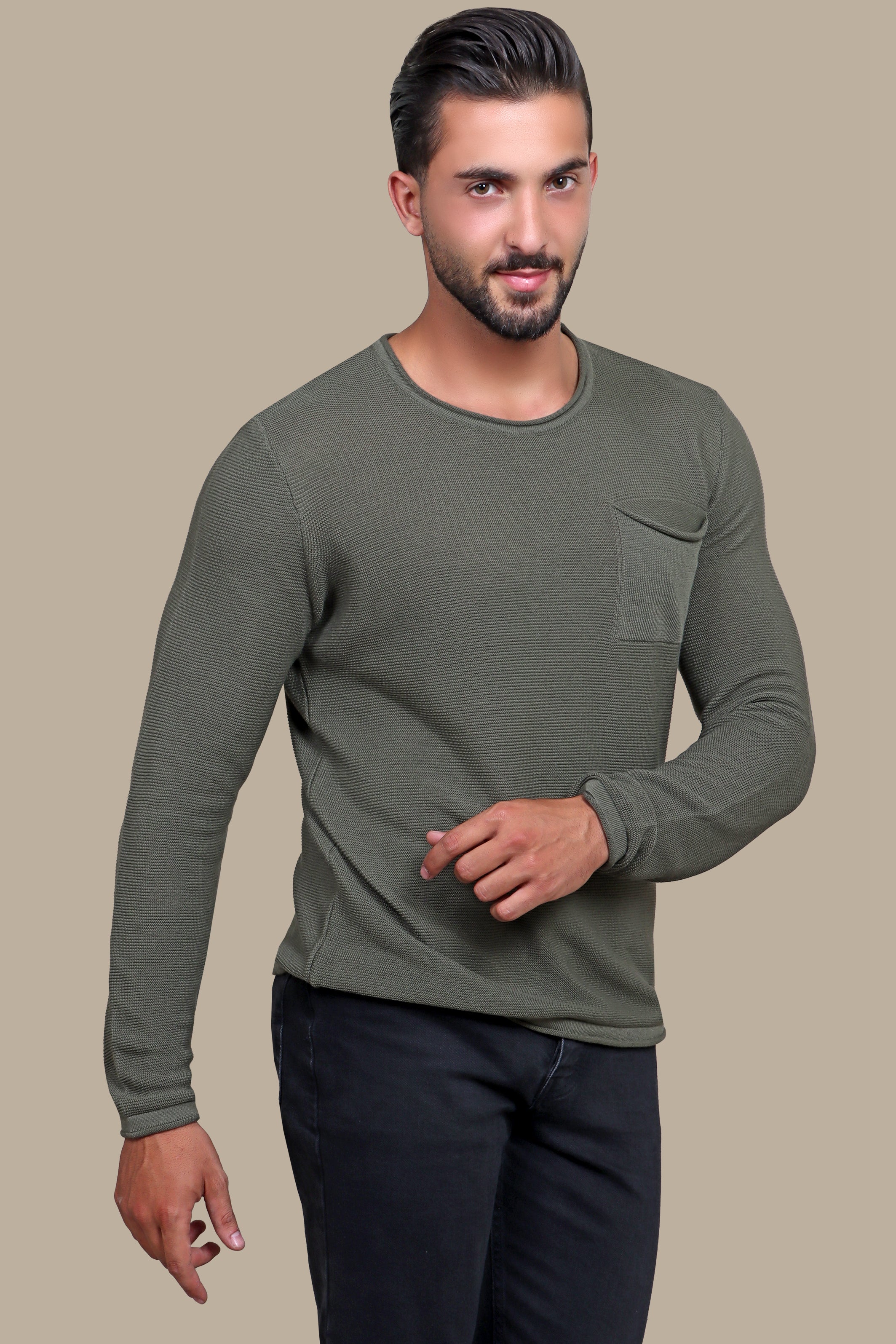 Khaki Comfort: Cozy Up in Style with our Ribbed Sweater Featuring Chic Pockets