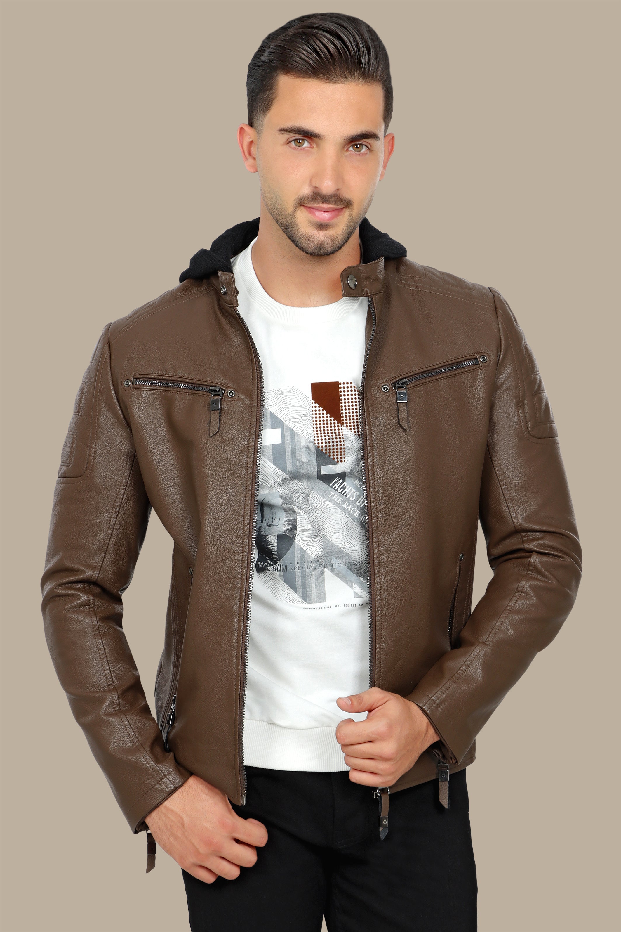 Camel Faux Leather Rider Jacket with Detachable Hoodie