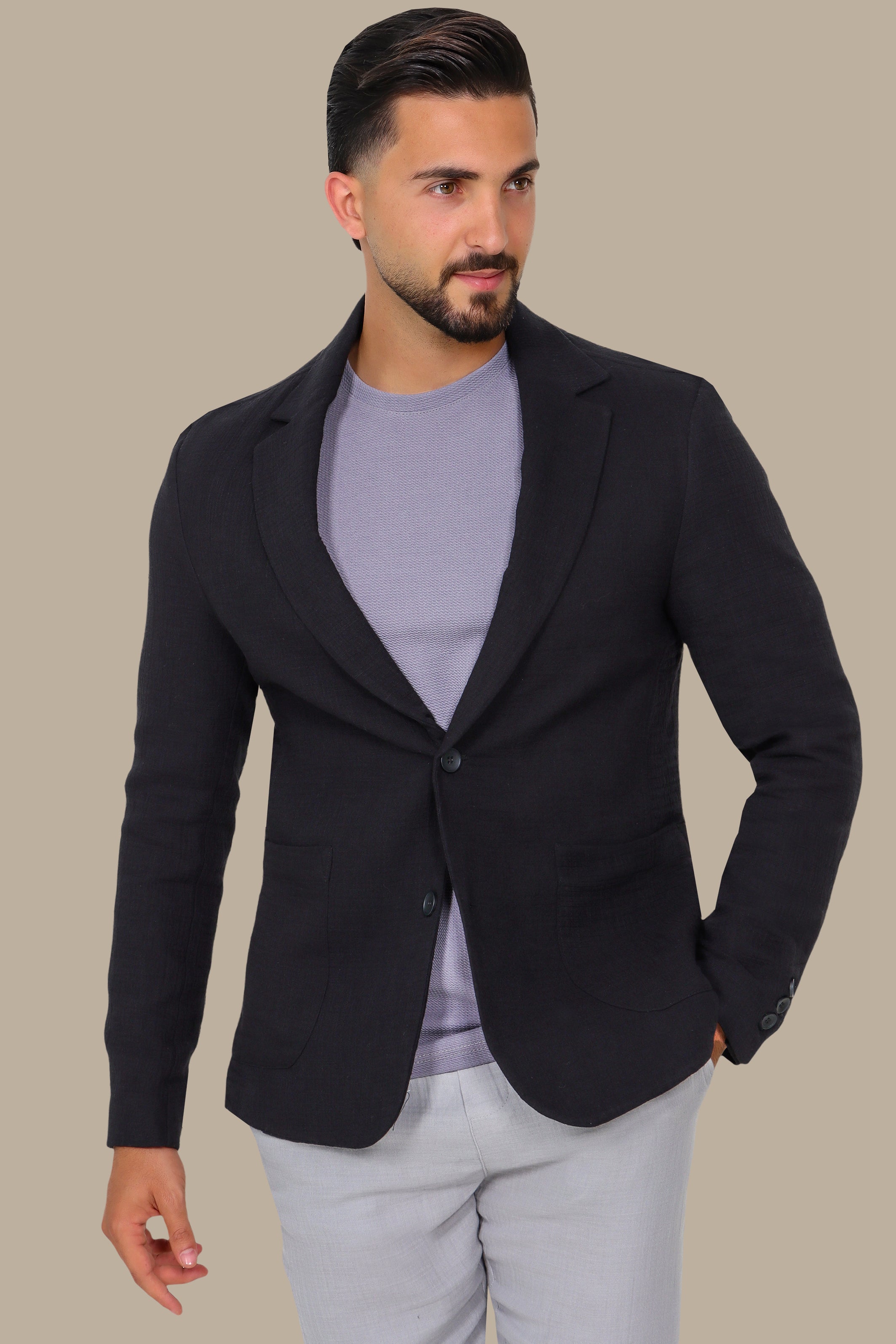 Black Linen Blazer with Notch Lapel