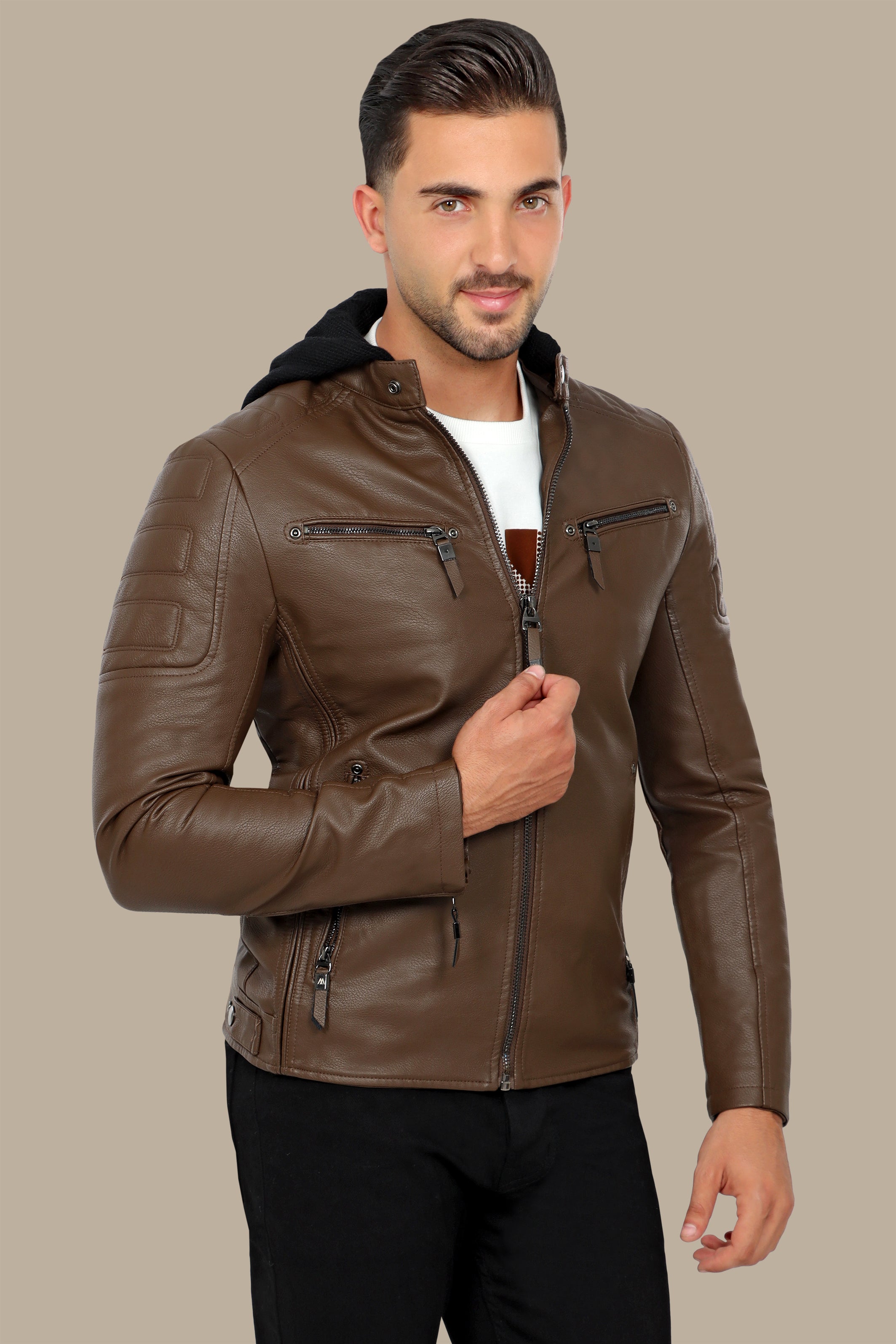 Camel Faux Leather Rider Jacket with Detachable Hoodie