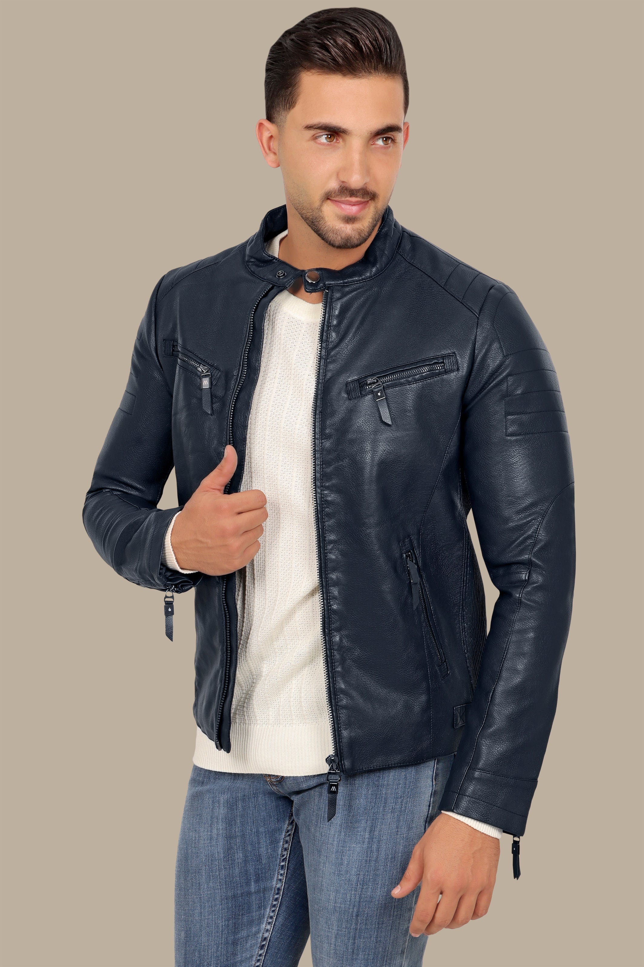 Navy Classic Leather Jacket with 4 Zippers