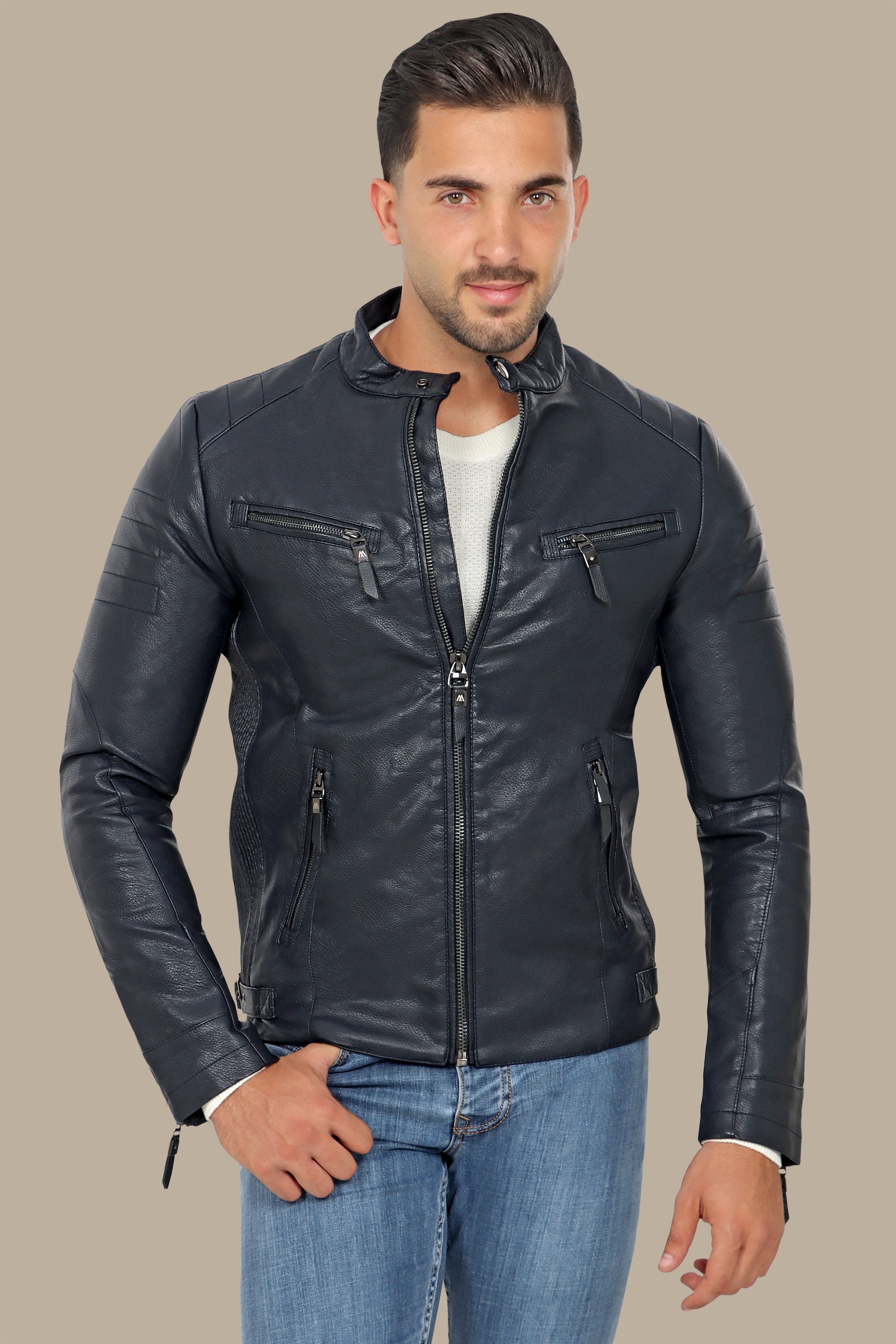 Navy Classic Leather Jacket with 4 Zippers