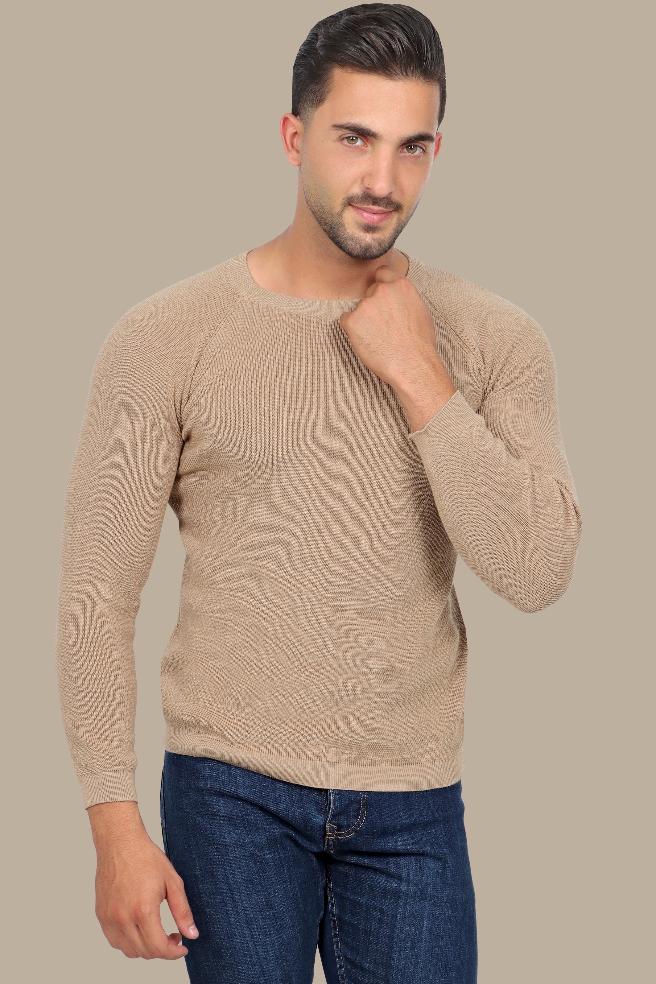 Sophisticated Style: Beige Round Neck Sweater with Shoulder Cups