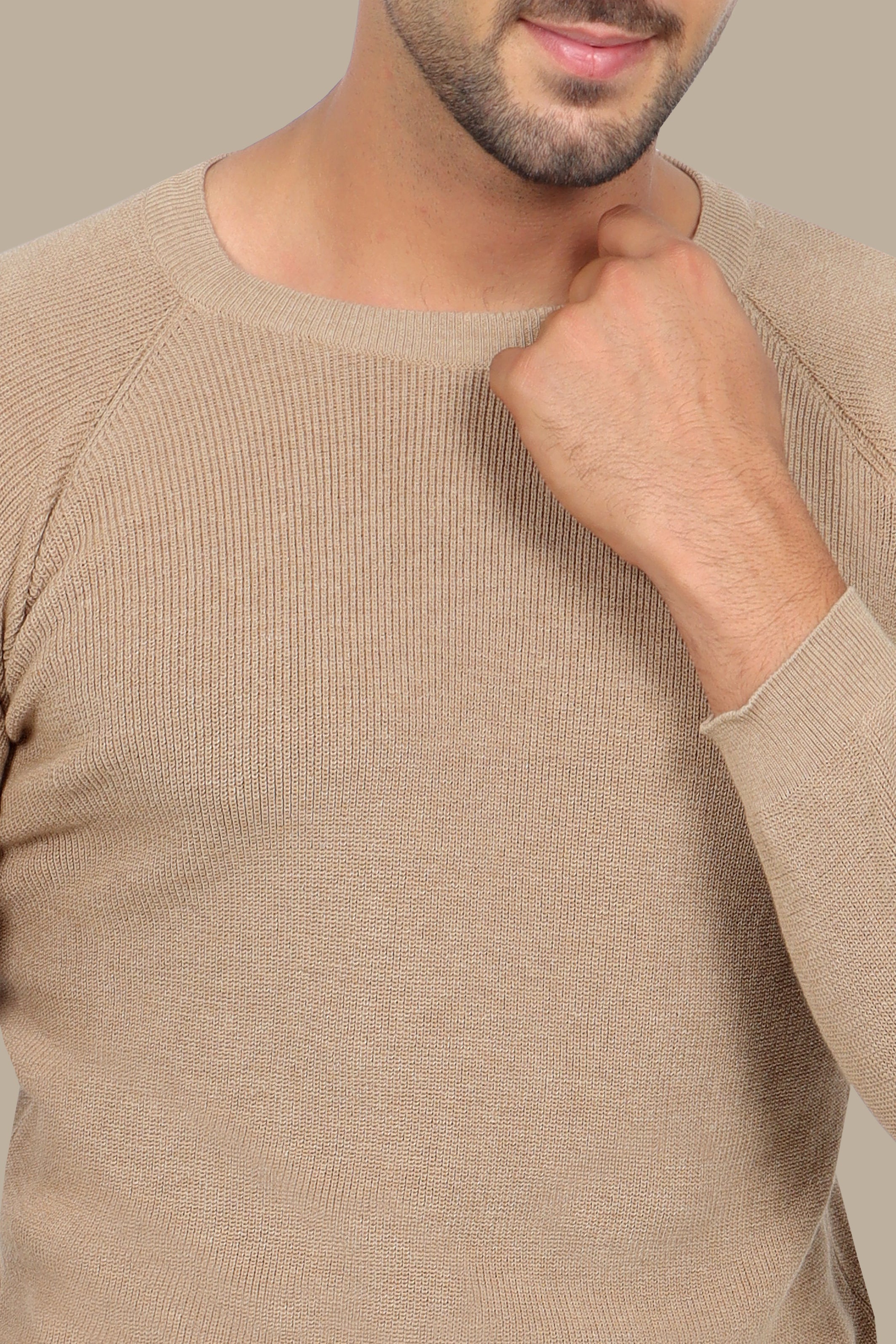 Sophisticated Style: Beige Round Neck Sweater with Shoulder Cups