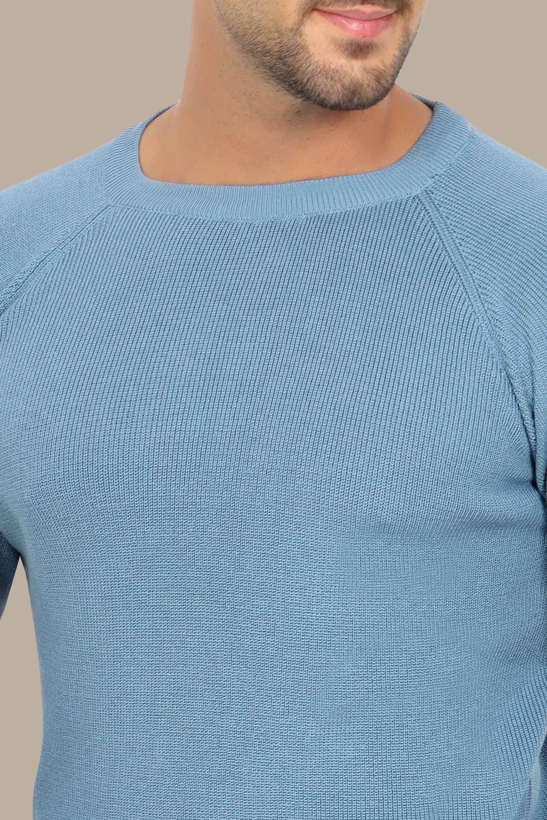 Sophisticated Style: Light Blue Round Neck Sweater with Shoulder Cups