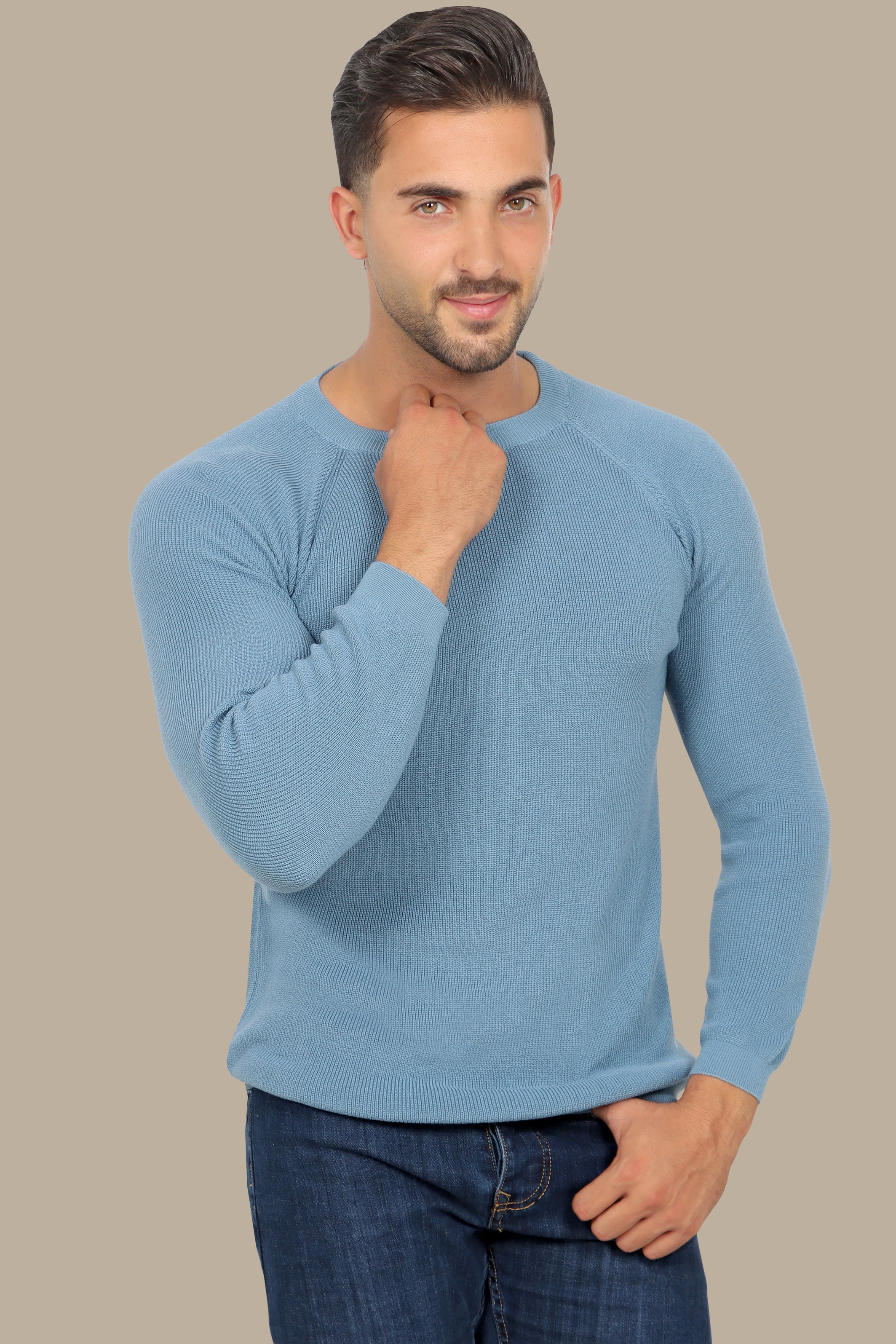 Sophisticated Style: Light Blue Round Neck Sweater with Shoulder Cups