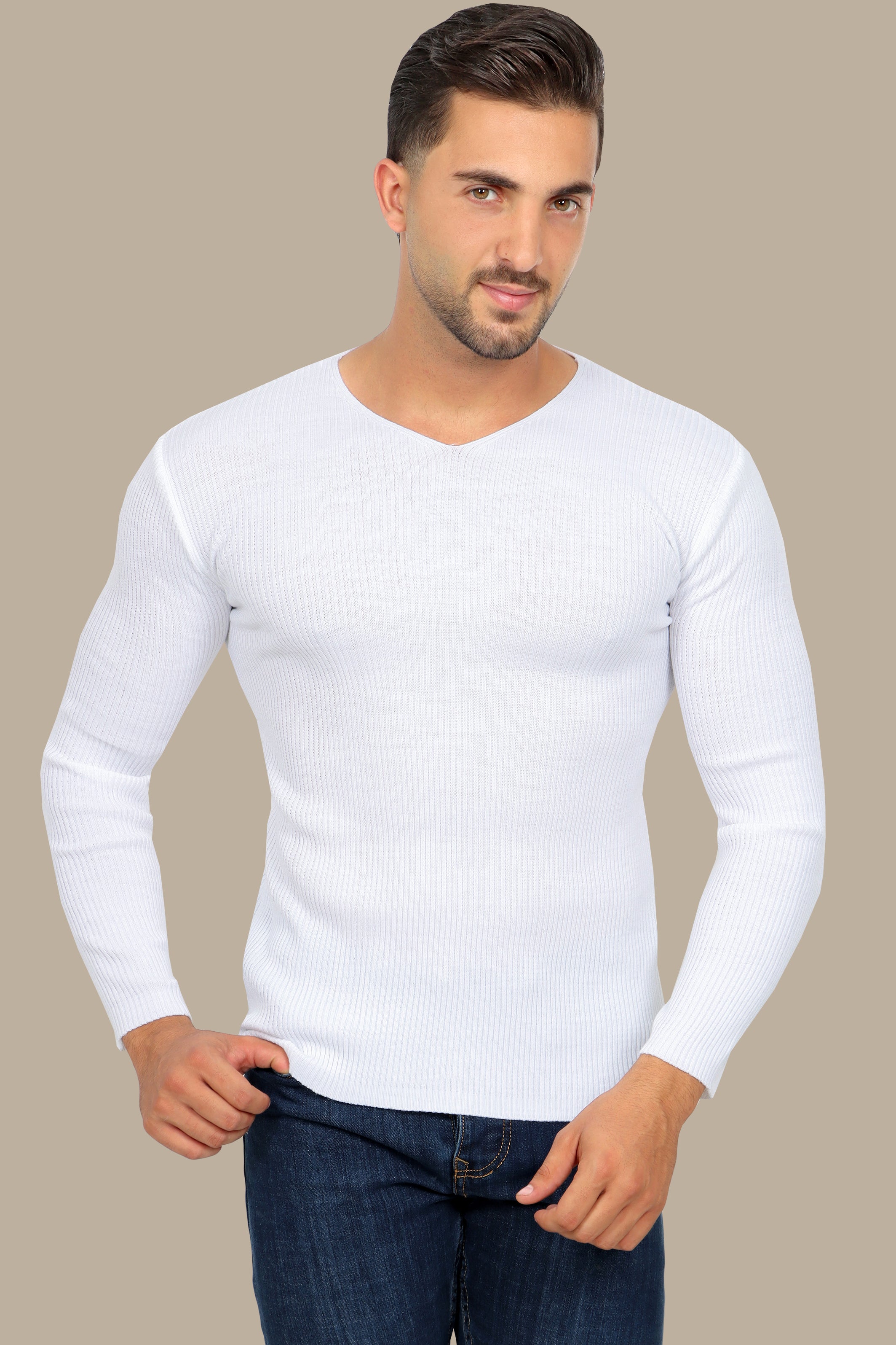 Classic Elegance: White Ribbed V-Neck Sweater