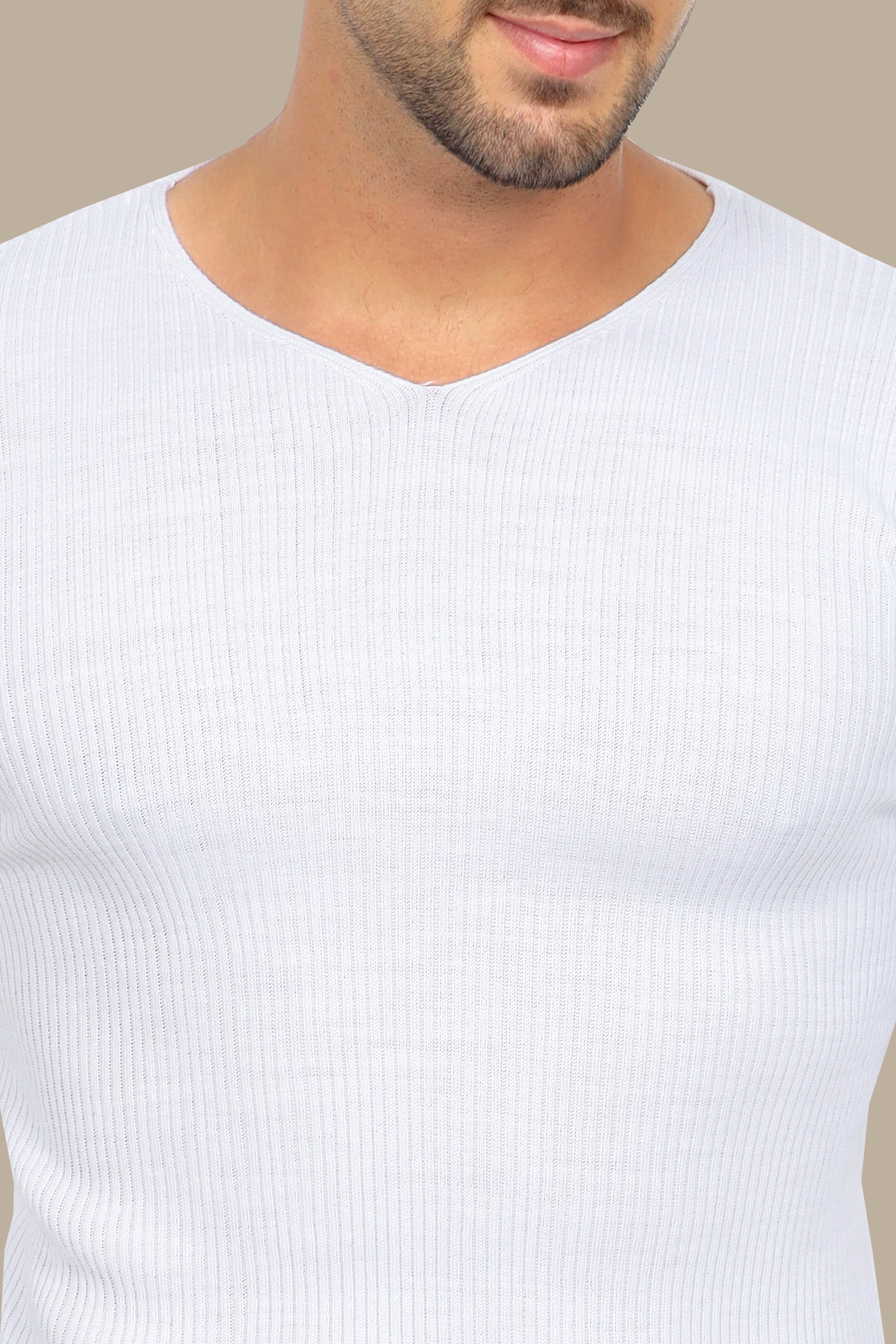 Classic Elegance: White Ribbed V-Neck Sweater