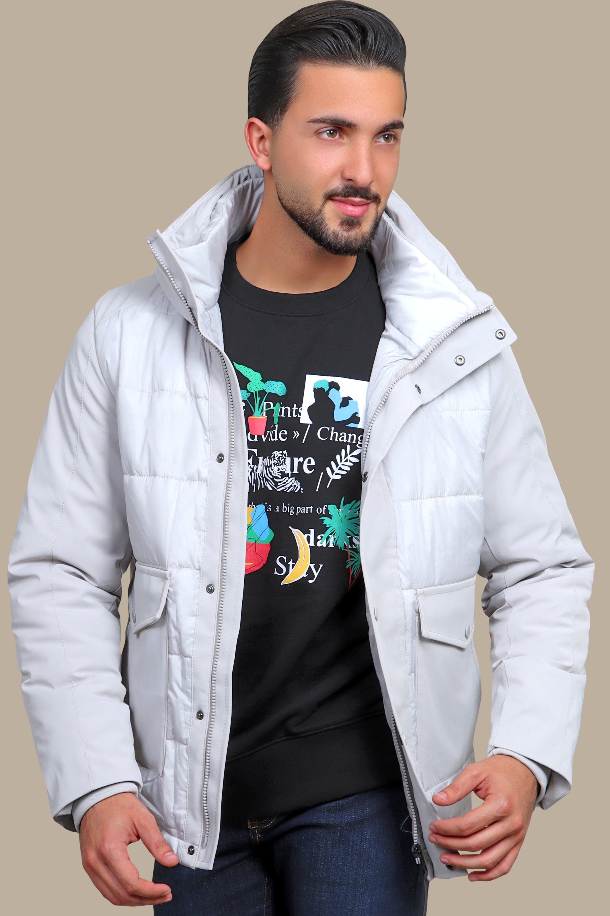 Light Gray Wind Breaker: Stay Stylish and Functional with Two Spacious Pockets