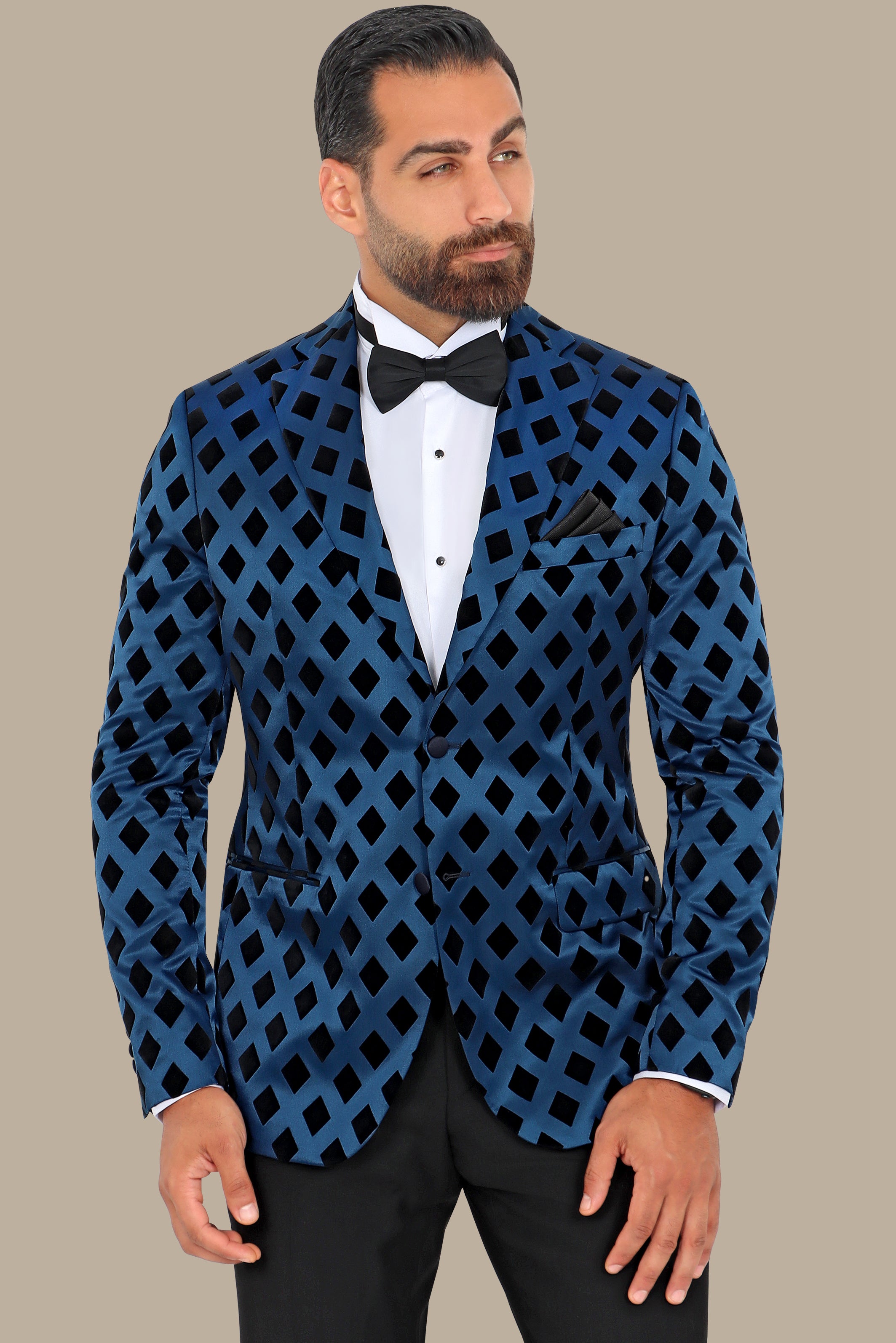 Smoked Blue Elegance: FV Special Collection Blazer with Black Lozenge Print