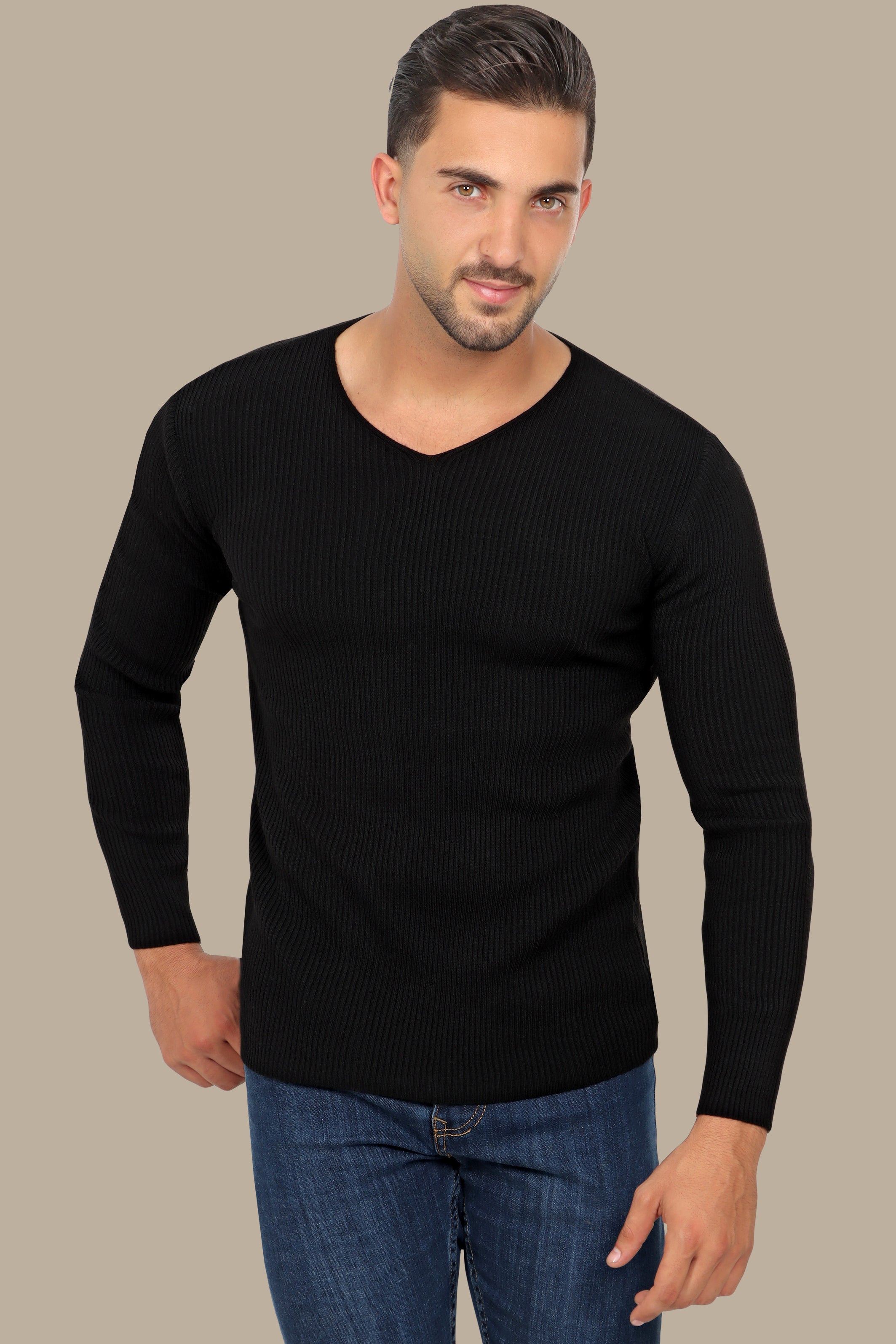 Classic Elegance: Black Ribbed V-Neck Sweater