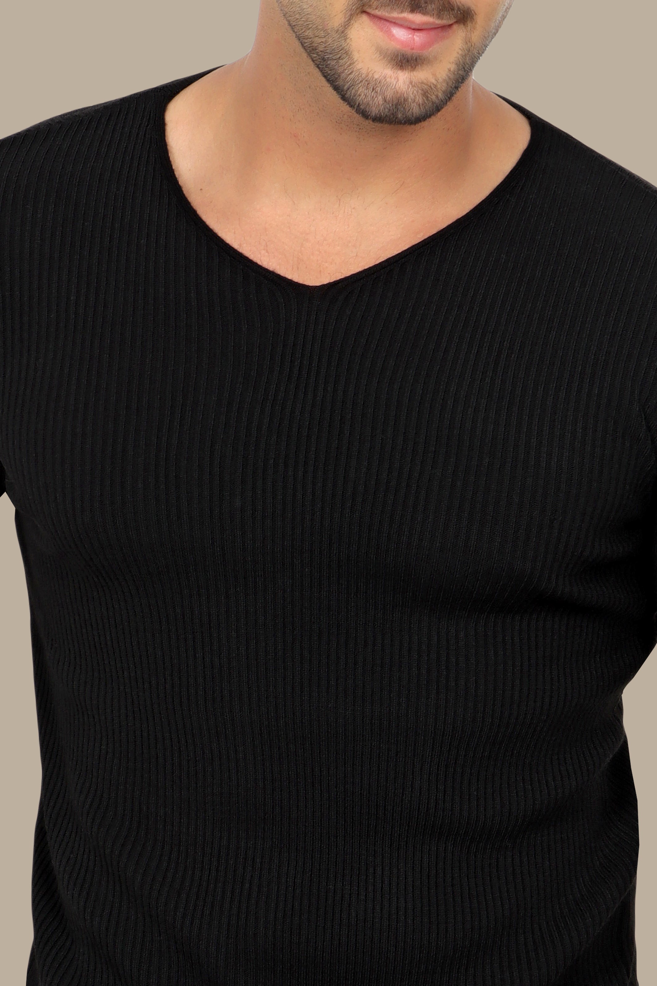 Classic Elegance: Black Ribbed V-Neck Sweater