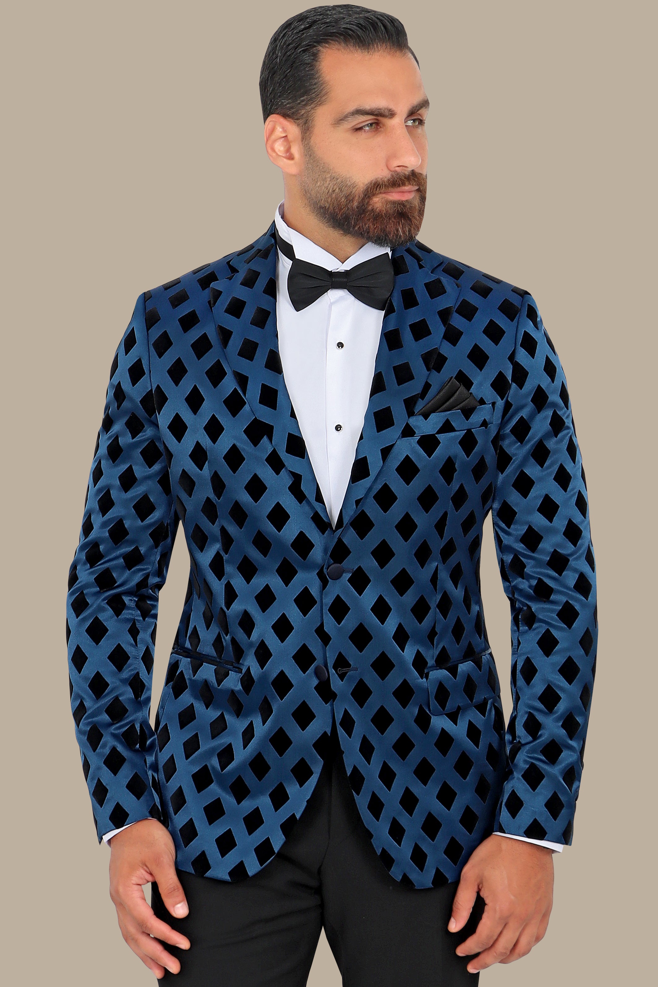 Smoked Blue Elegance: FV Special Collection Blazer with Black Lozenge Print