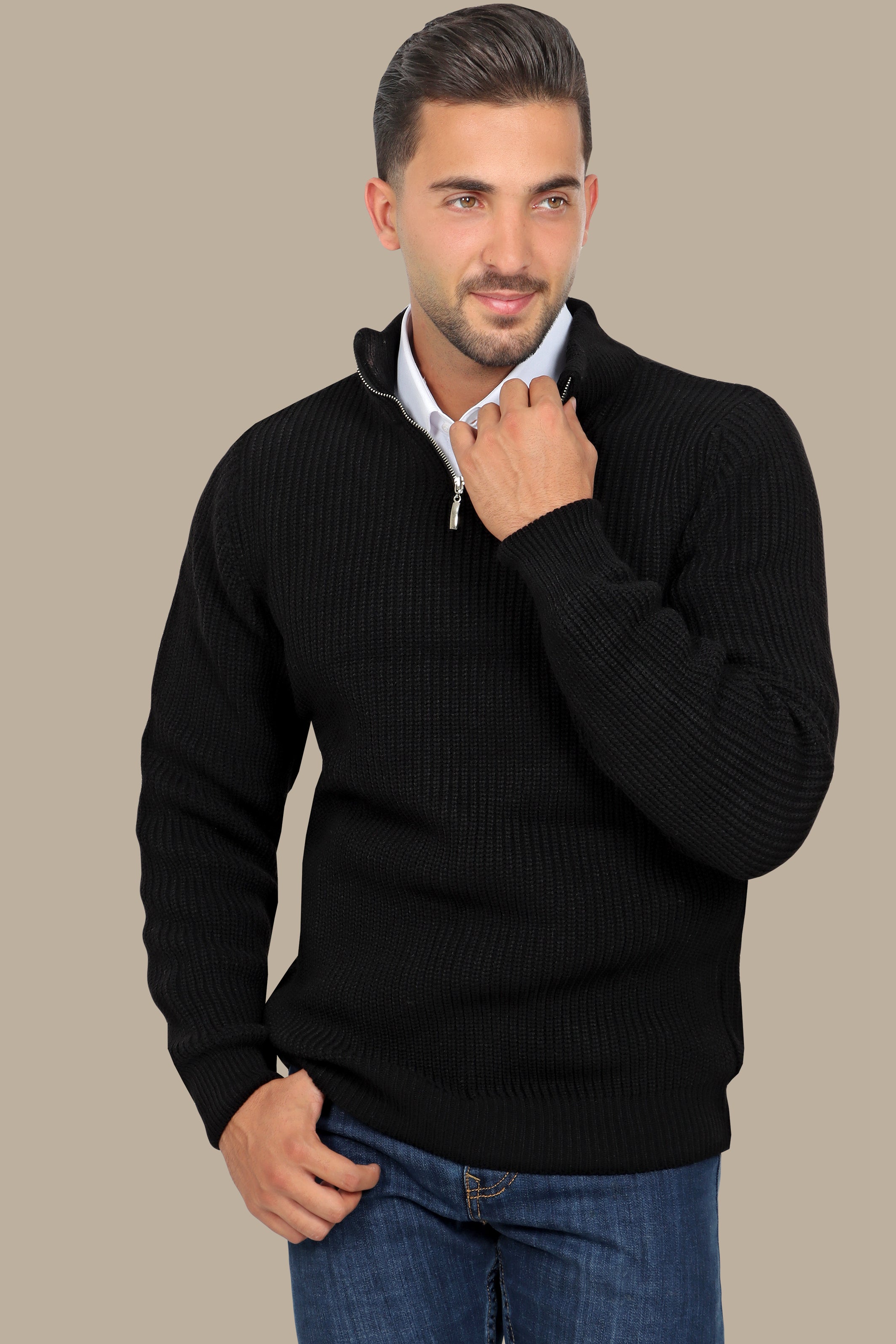 Modern Essential: Black Mercerized Half-Zipper Sweater