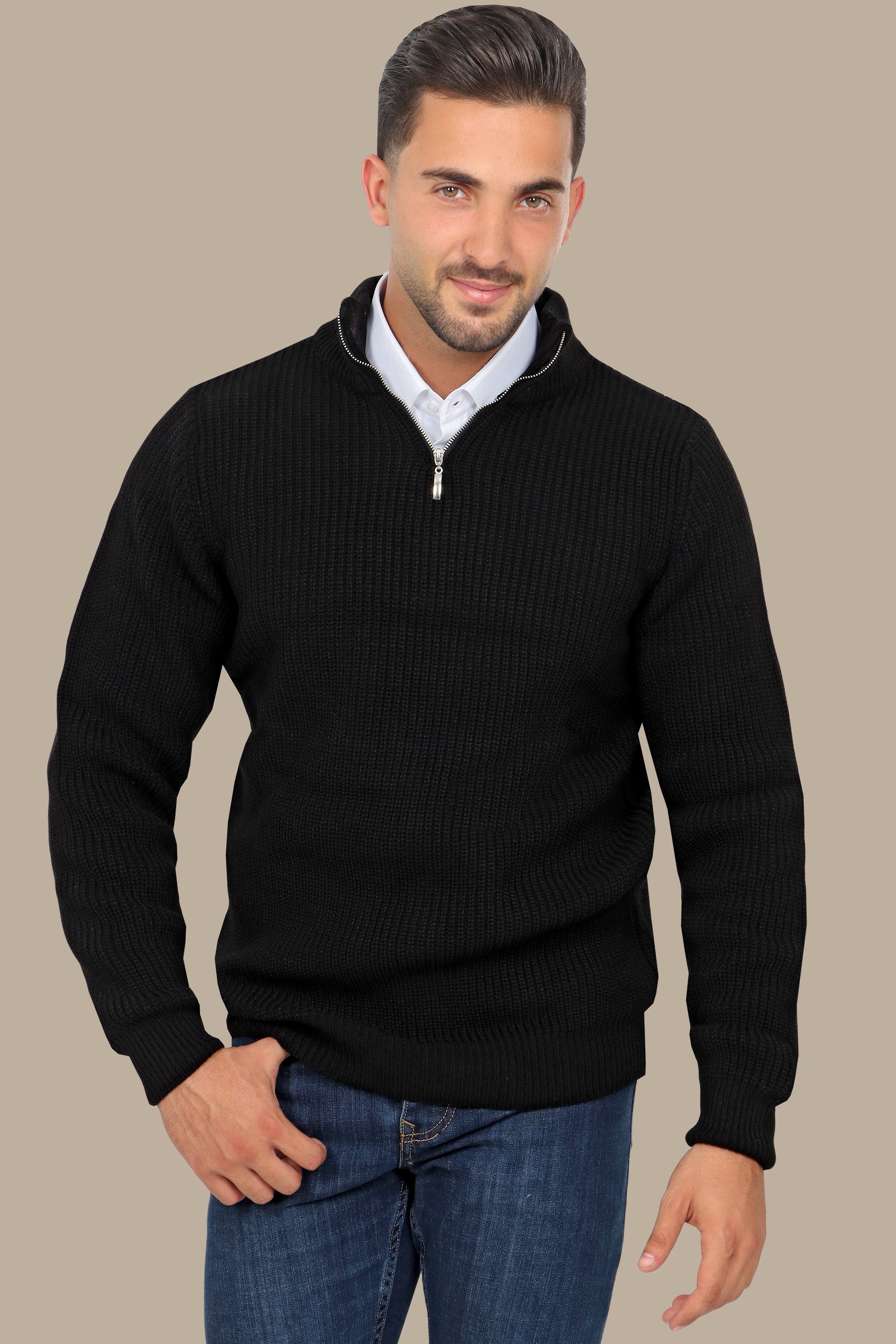 Modern Essential: Black Mercerized Half-Zipper Sweater