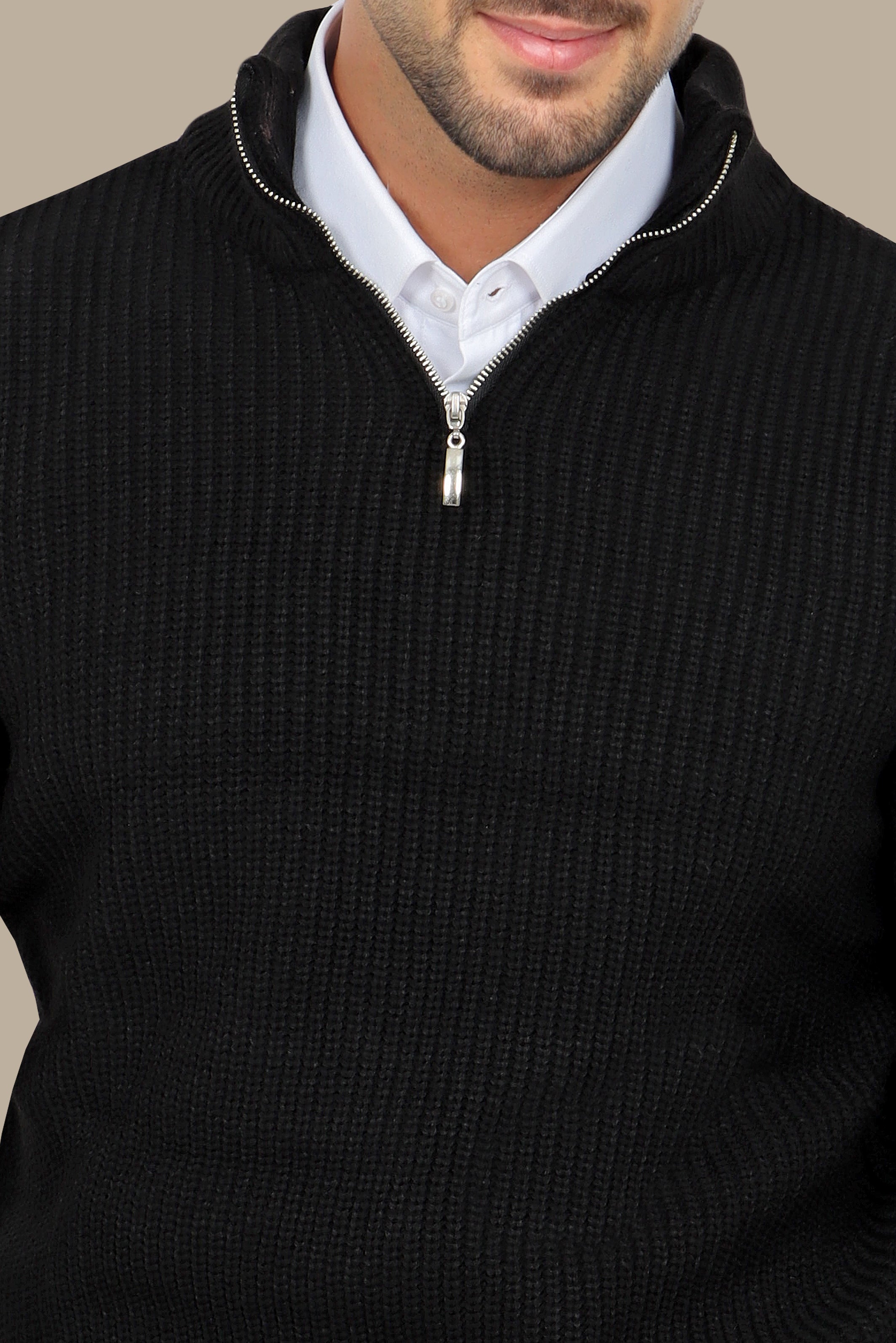 Modern Essential: Black Mercerized Half-Zipper Sweater