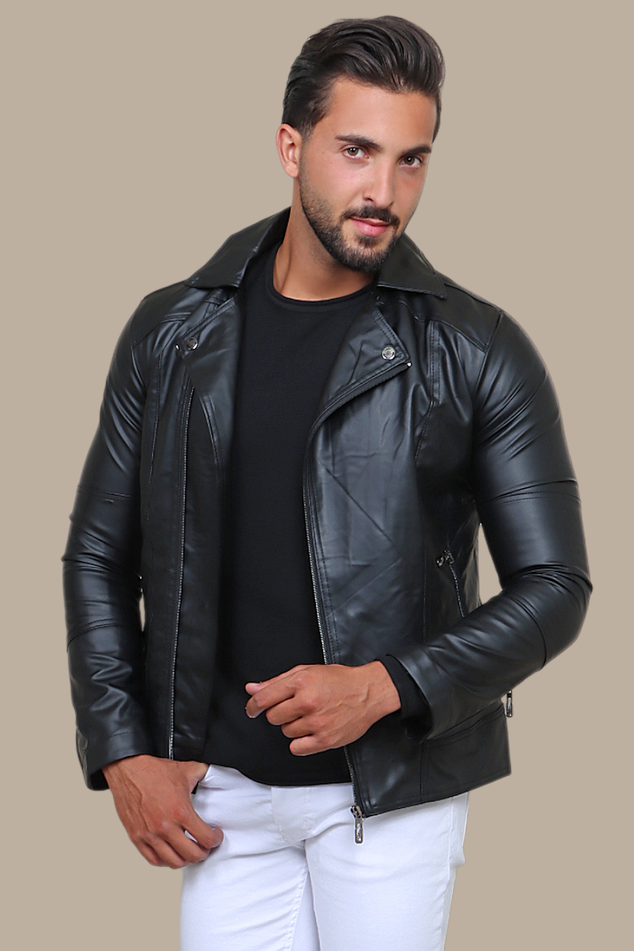 Black Rebel: Faux Leather Biker Jacket with Wide Collar