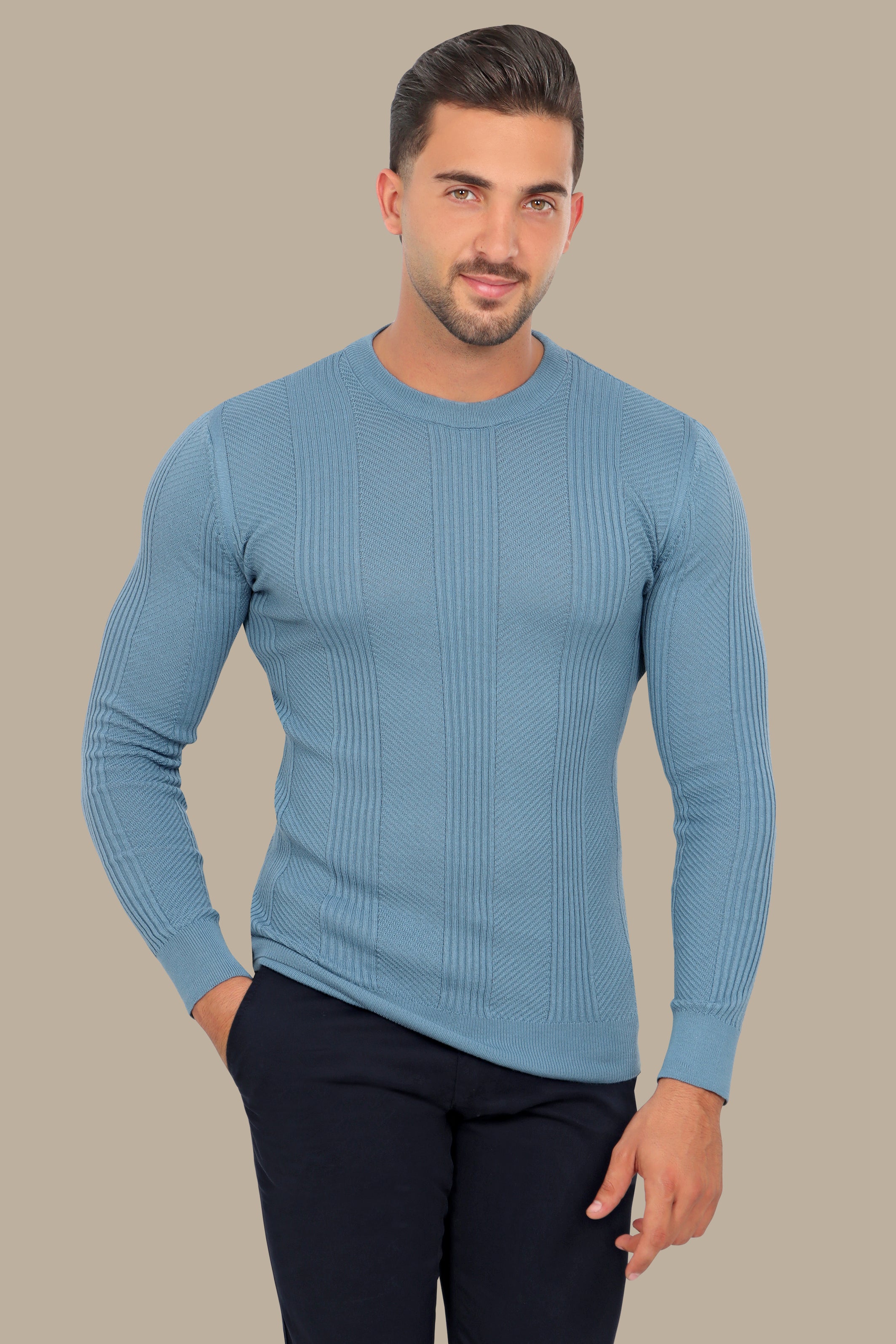 Stylish Design: Light Blue Structured Sweater with Three Wide Lines