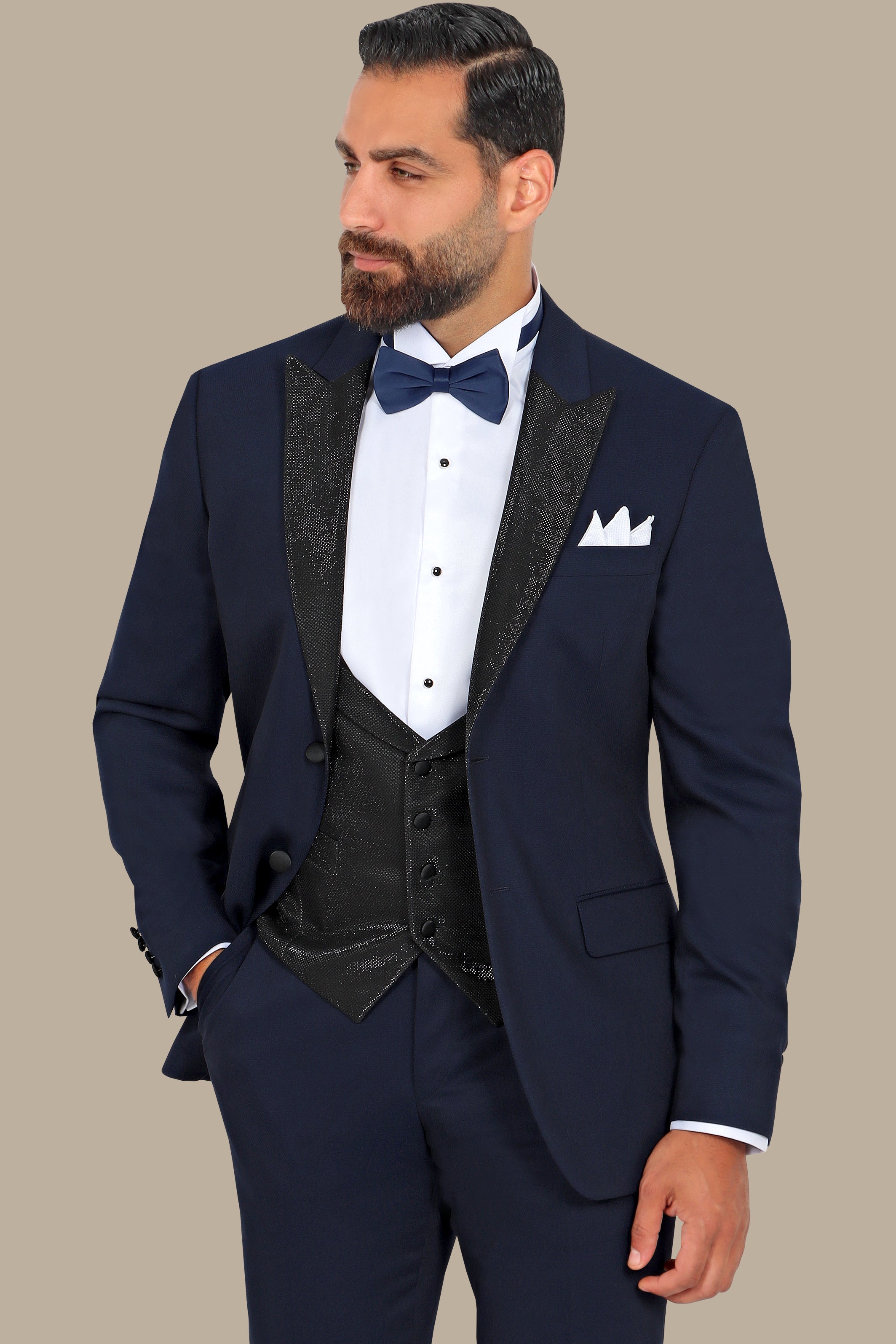 Navy 3-Piece Tuxedo FV with Shiny Lapel