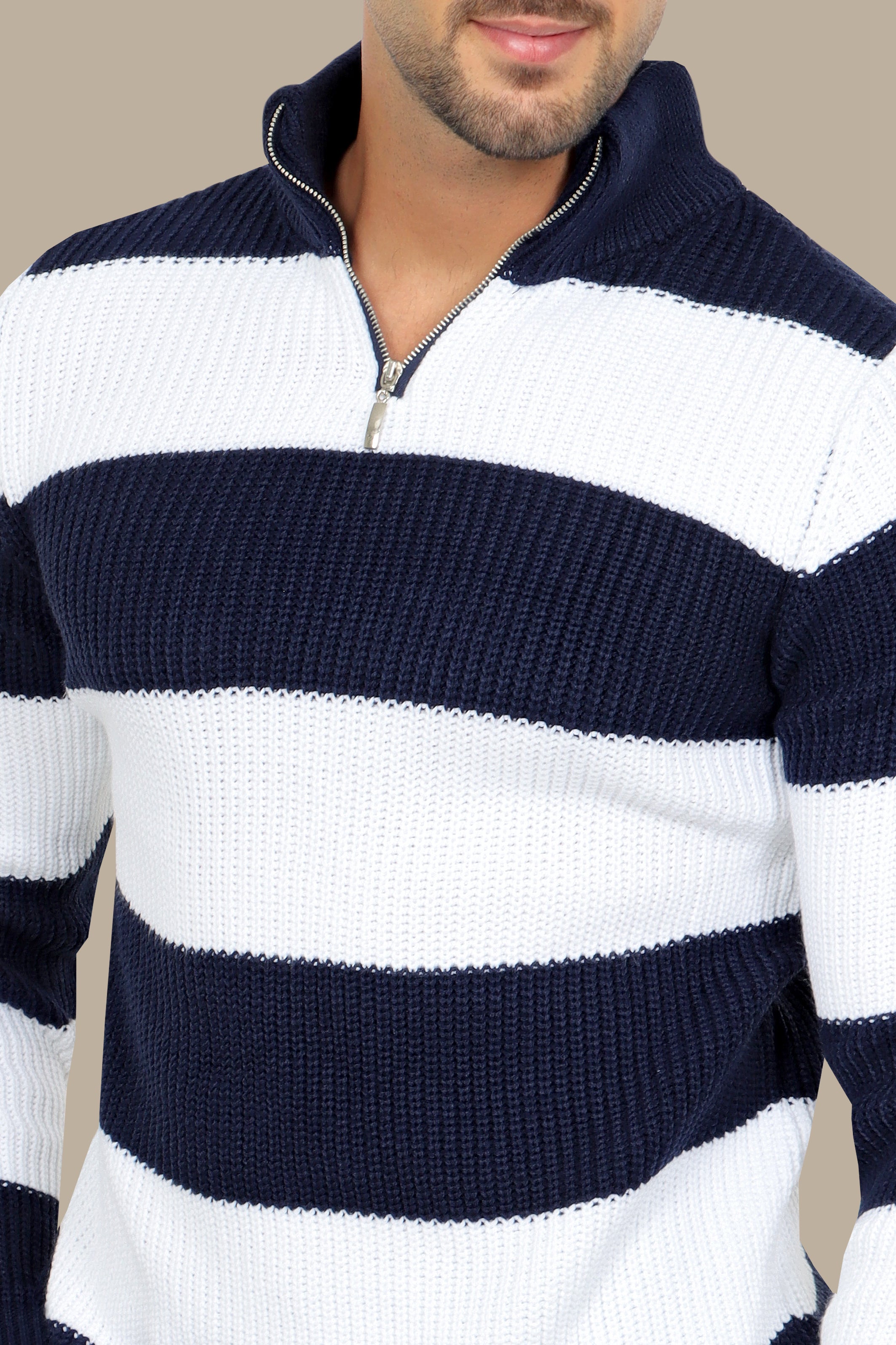 Contemporary Style: Navy Mercerized Half-Zipper Sweater with Wide Stripes