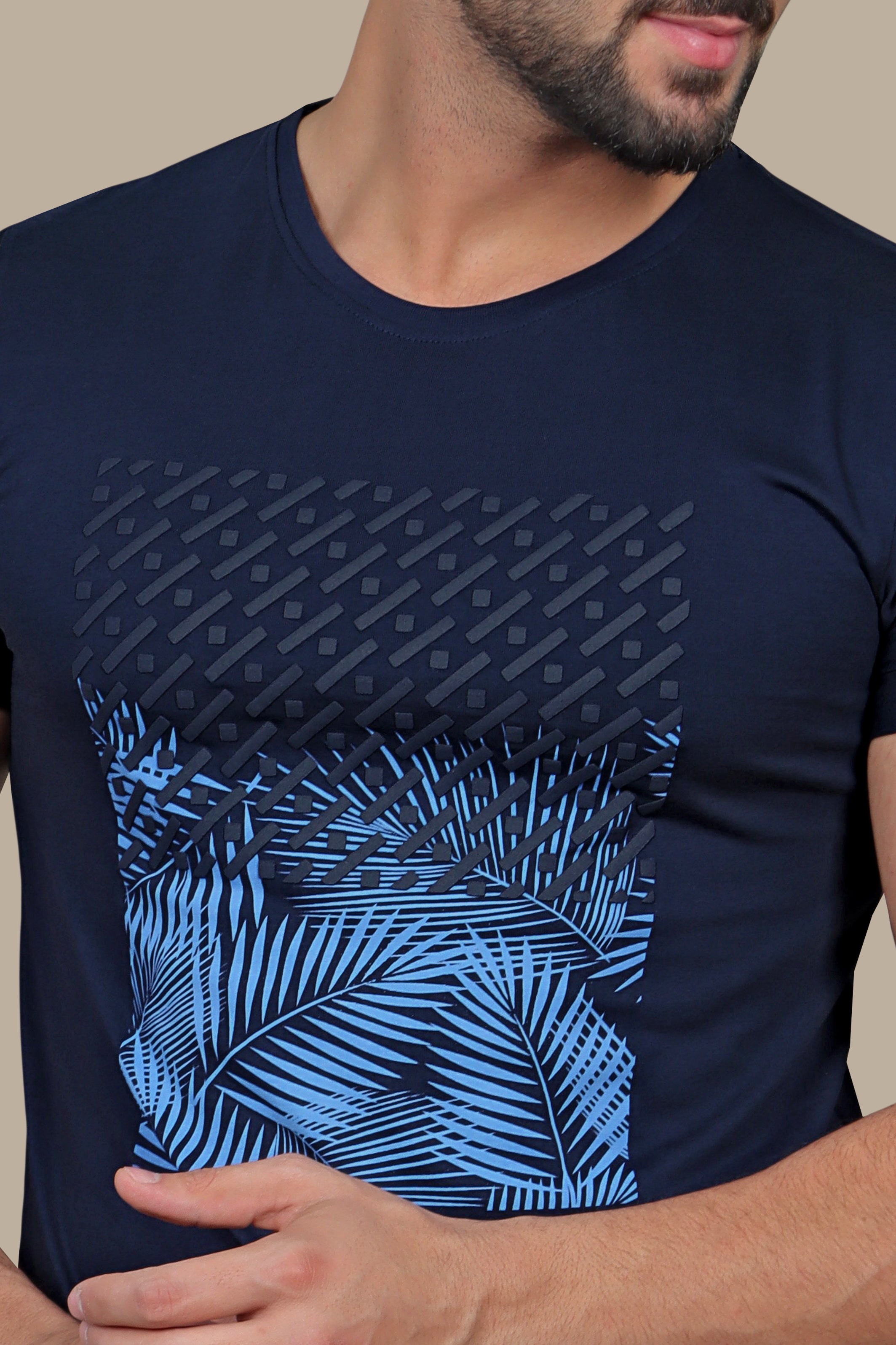 Navy Leafy Elegance: Printed T-shirt