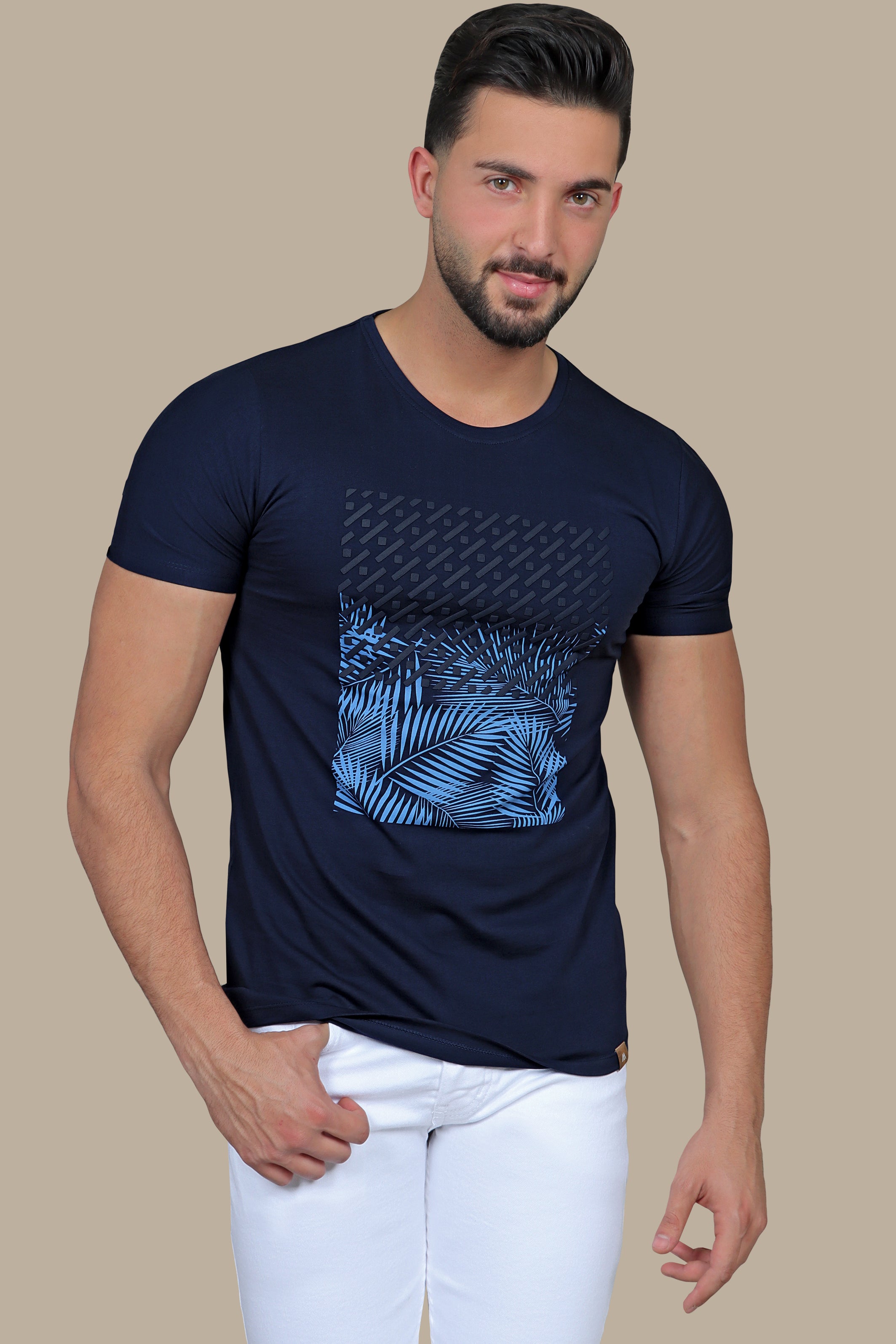 Navy Leafy Elegance: Printed T-shirt