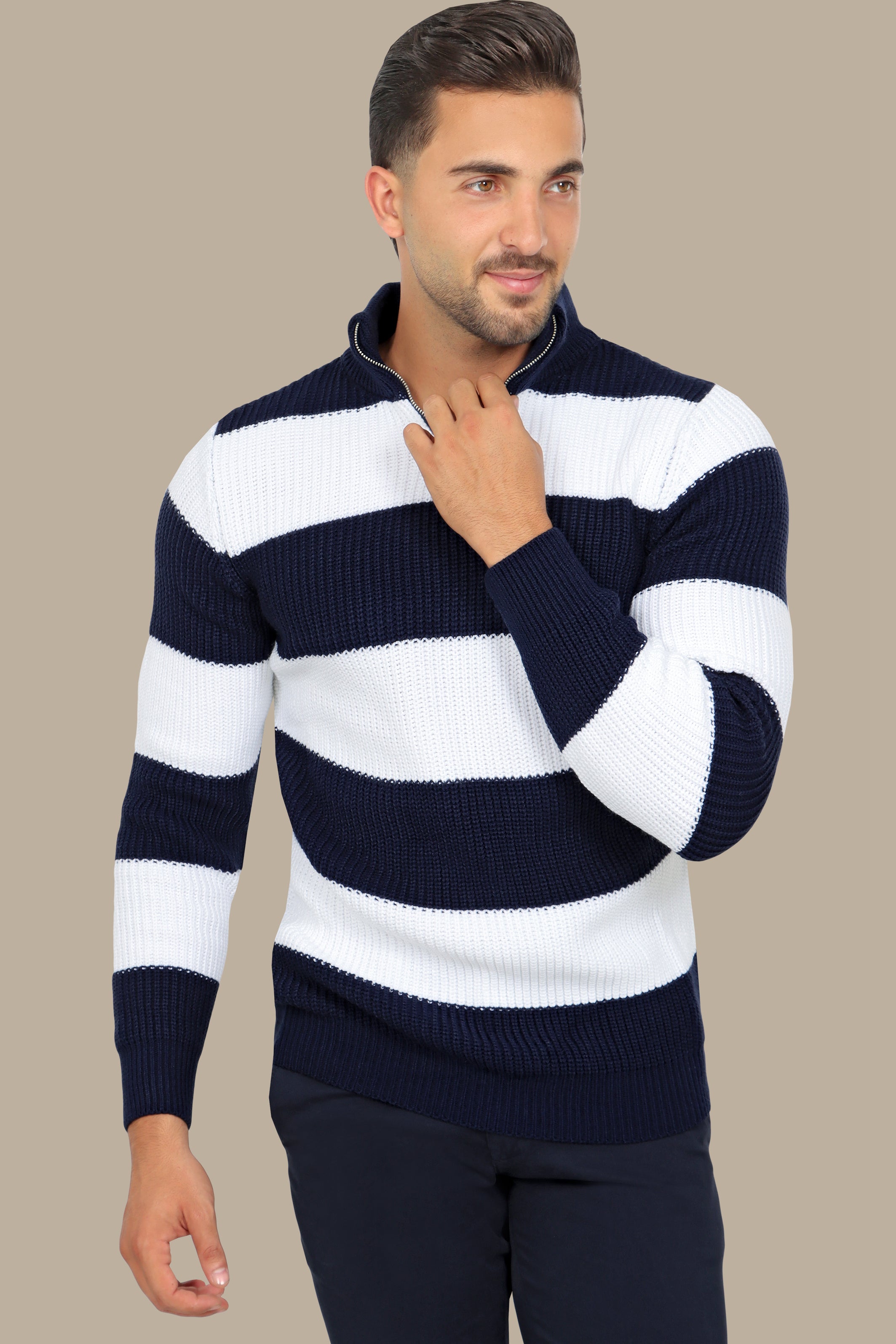 Contemporary Style: Navy Mercerized Half-Zipper Sweater with Wide Stripes