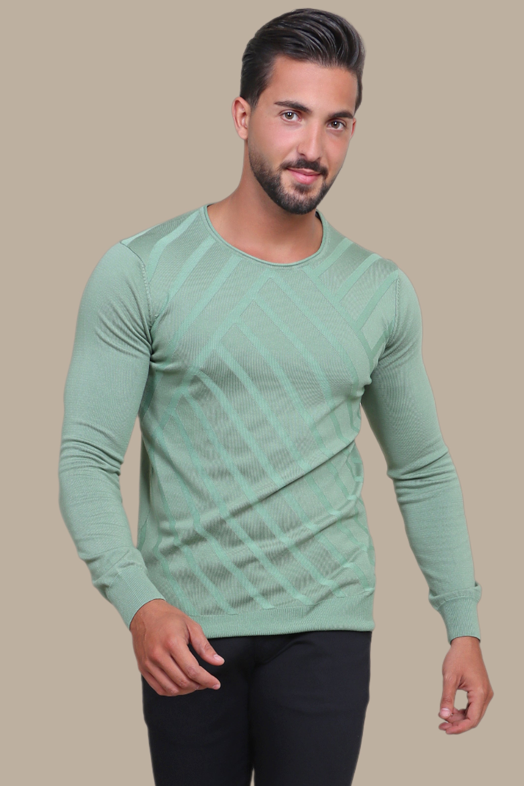 Olive Striped Sweater with Double Neck Detail