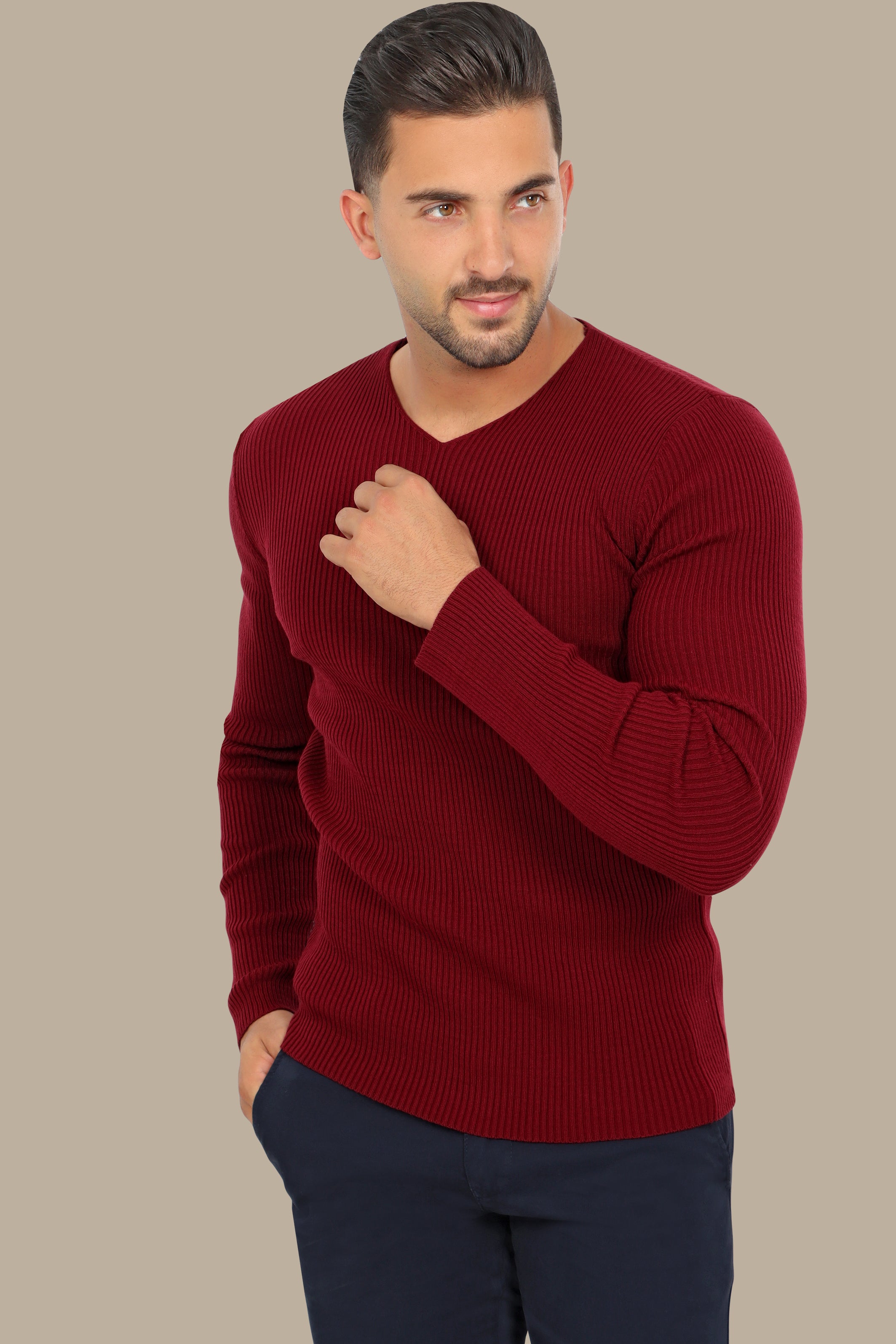 Classic Elegance: Bordeaux Ribbed V-Neck Sweater