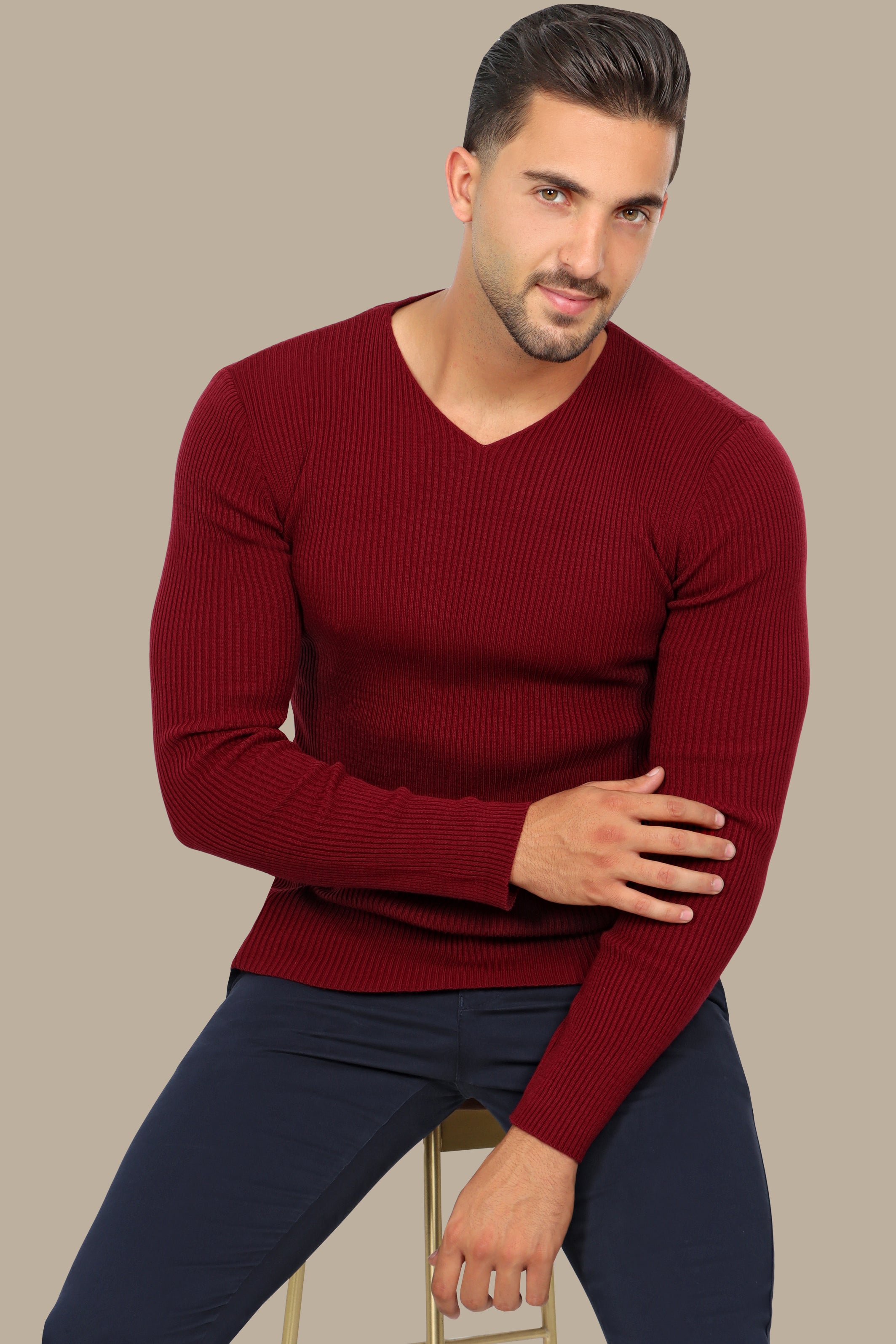 Classic Elegance: Bordeaux Ribbed V-Neck Sweater