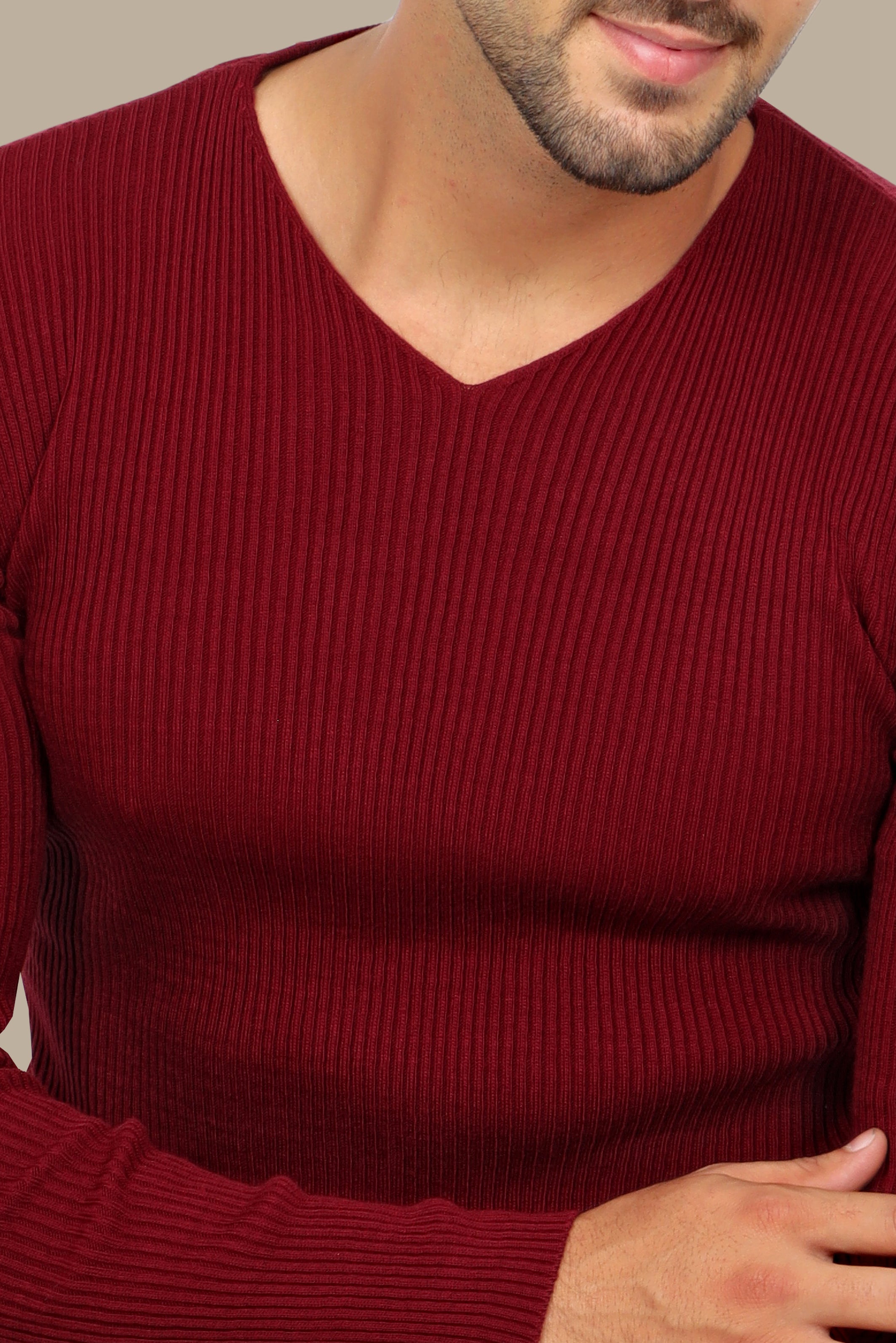 Classic Elegance: Bordeaux Ribbed V-Neck Sweater