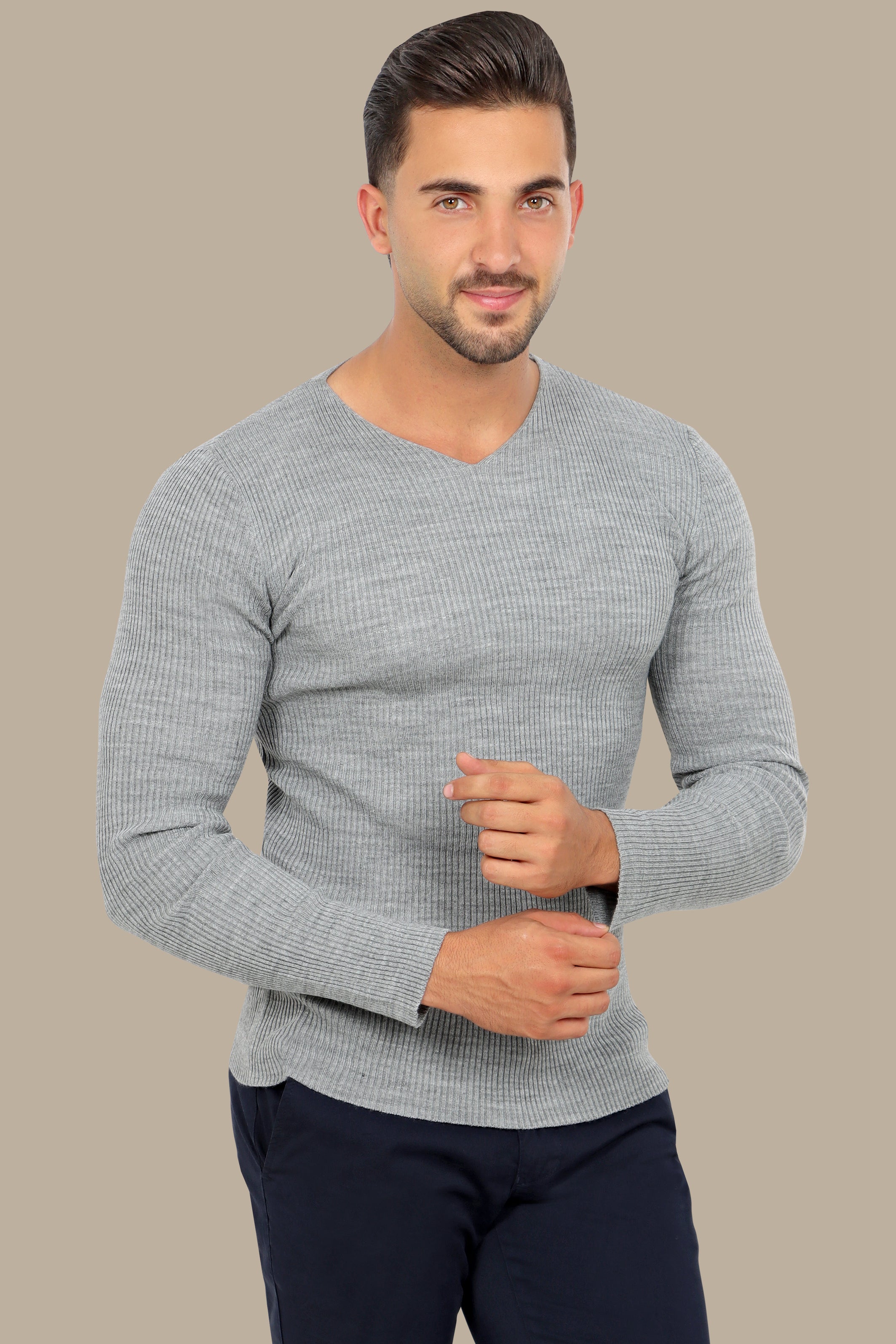 Gray Ribbed V-Neck Sweater