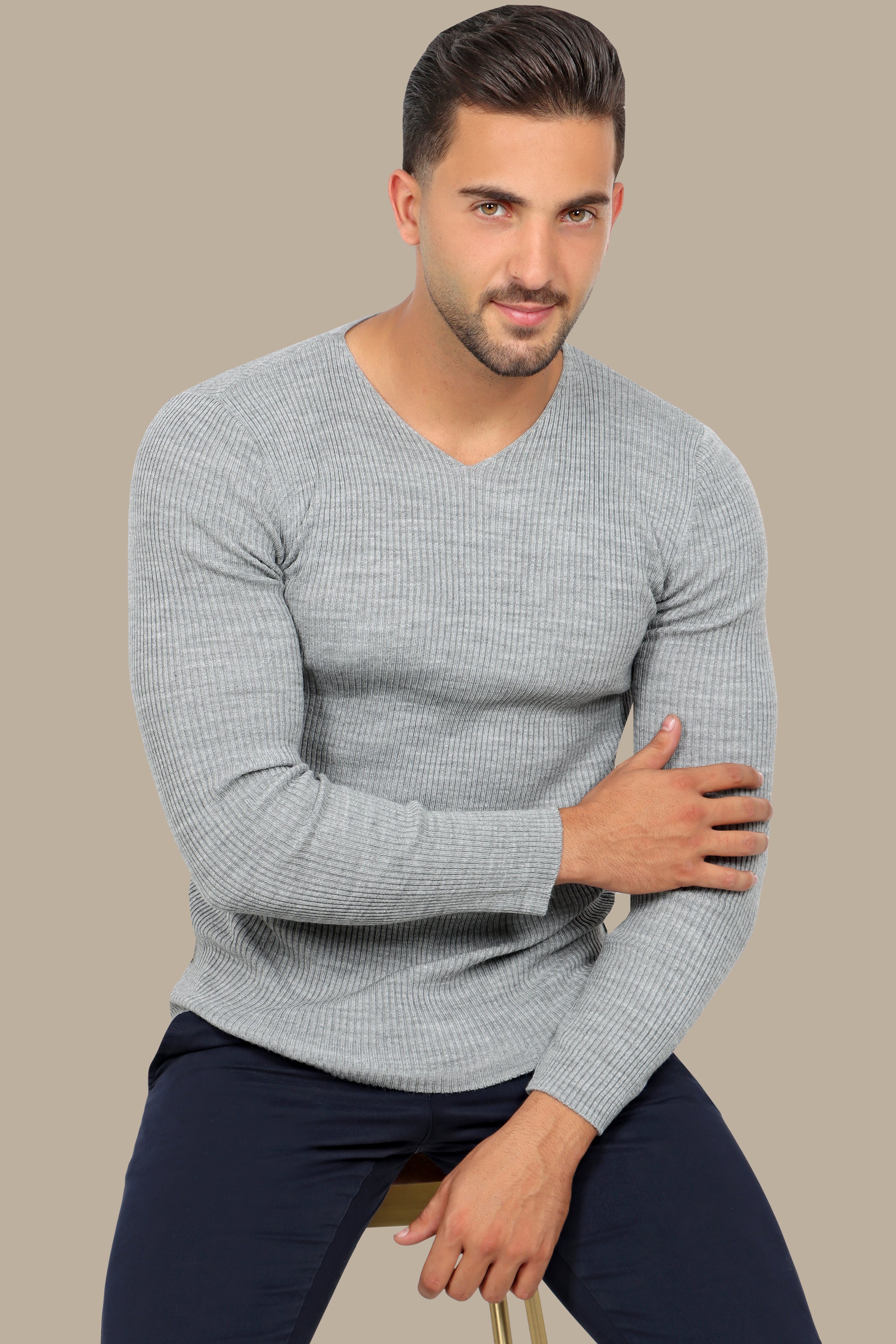 Gray Ribbed V-Neck Sweater