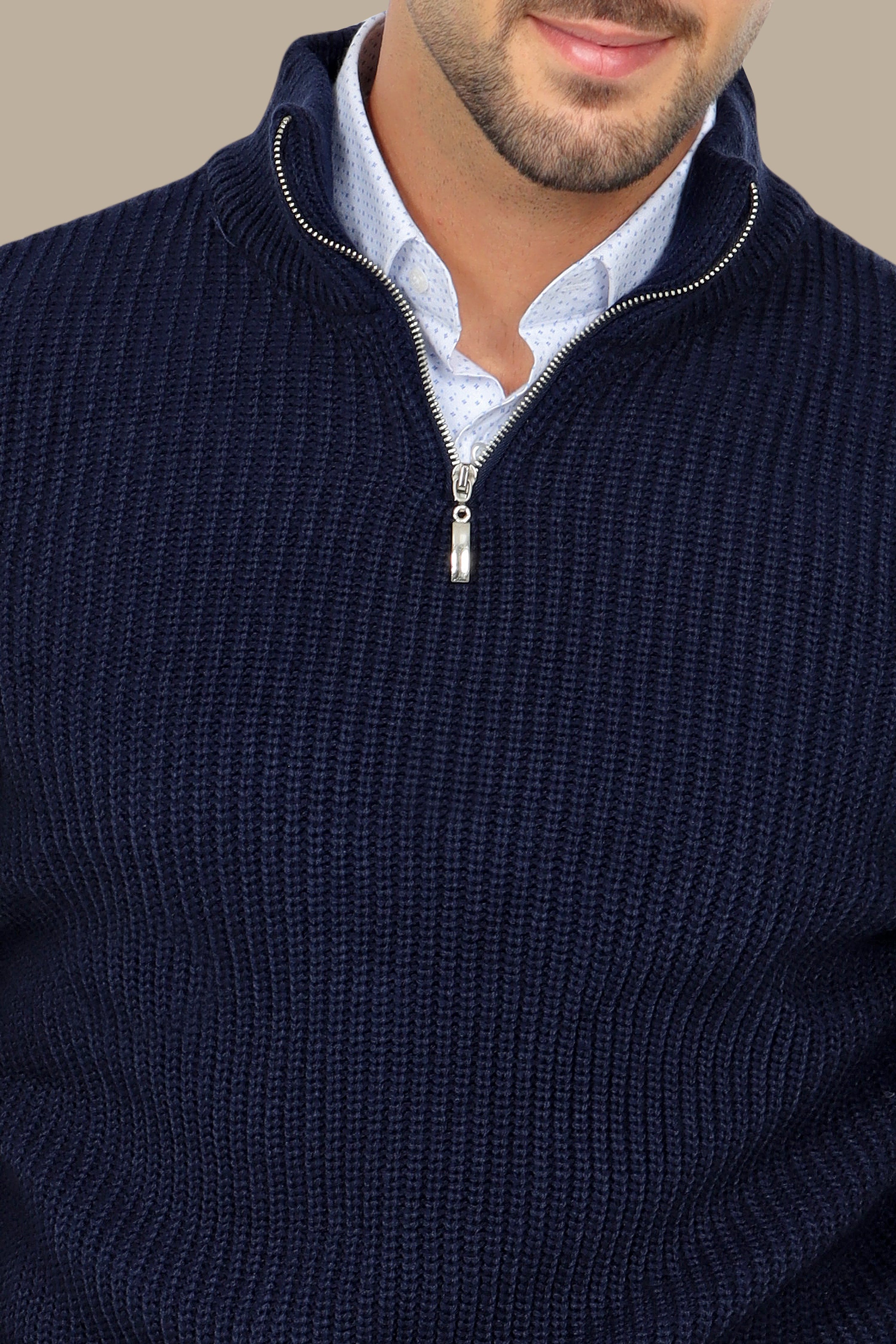 Navy Half-Zipper Plain Mercerized Sweater