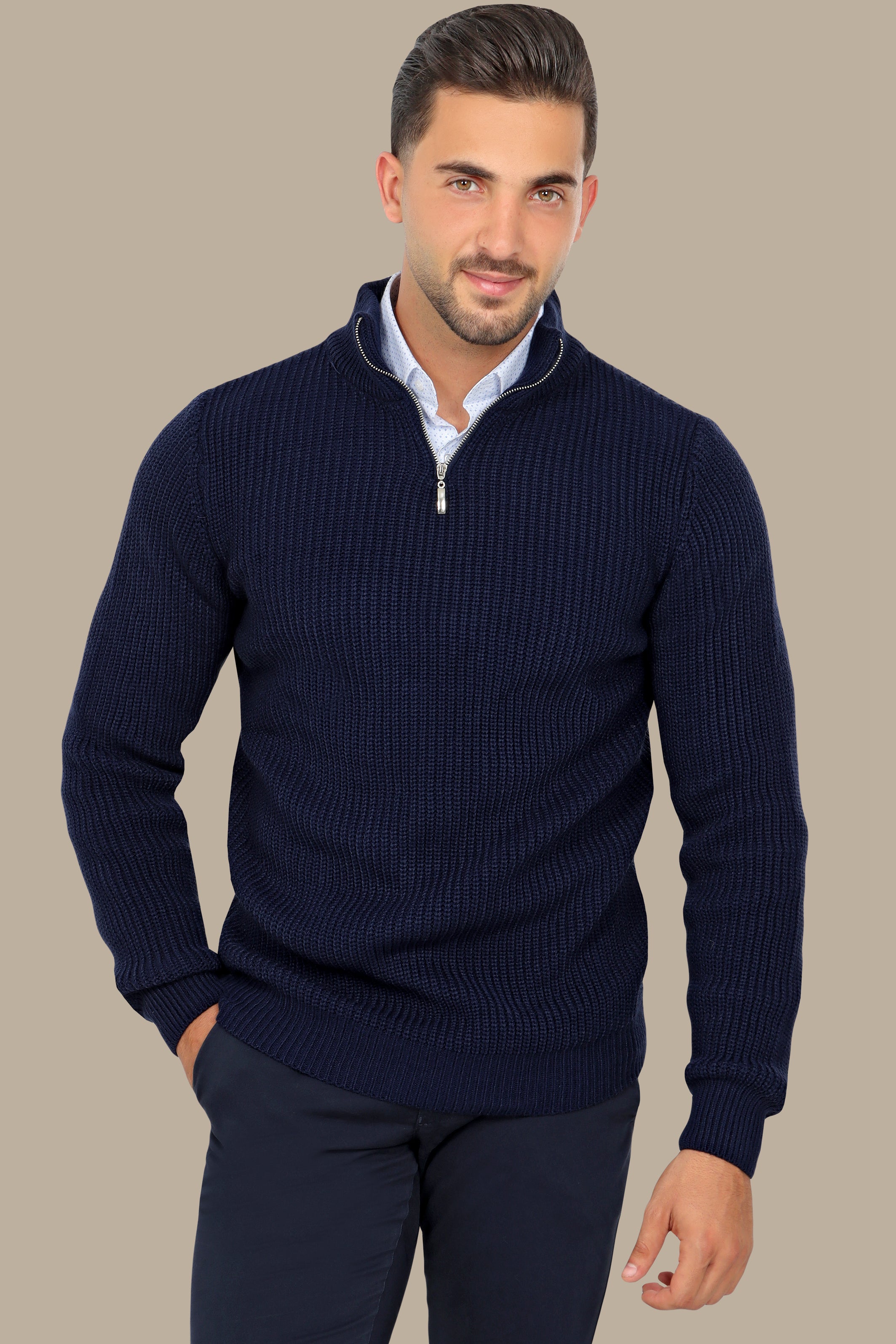 Navy Half-Zipper Plain Mercerized Sweater