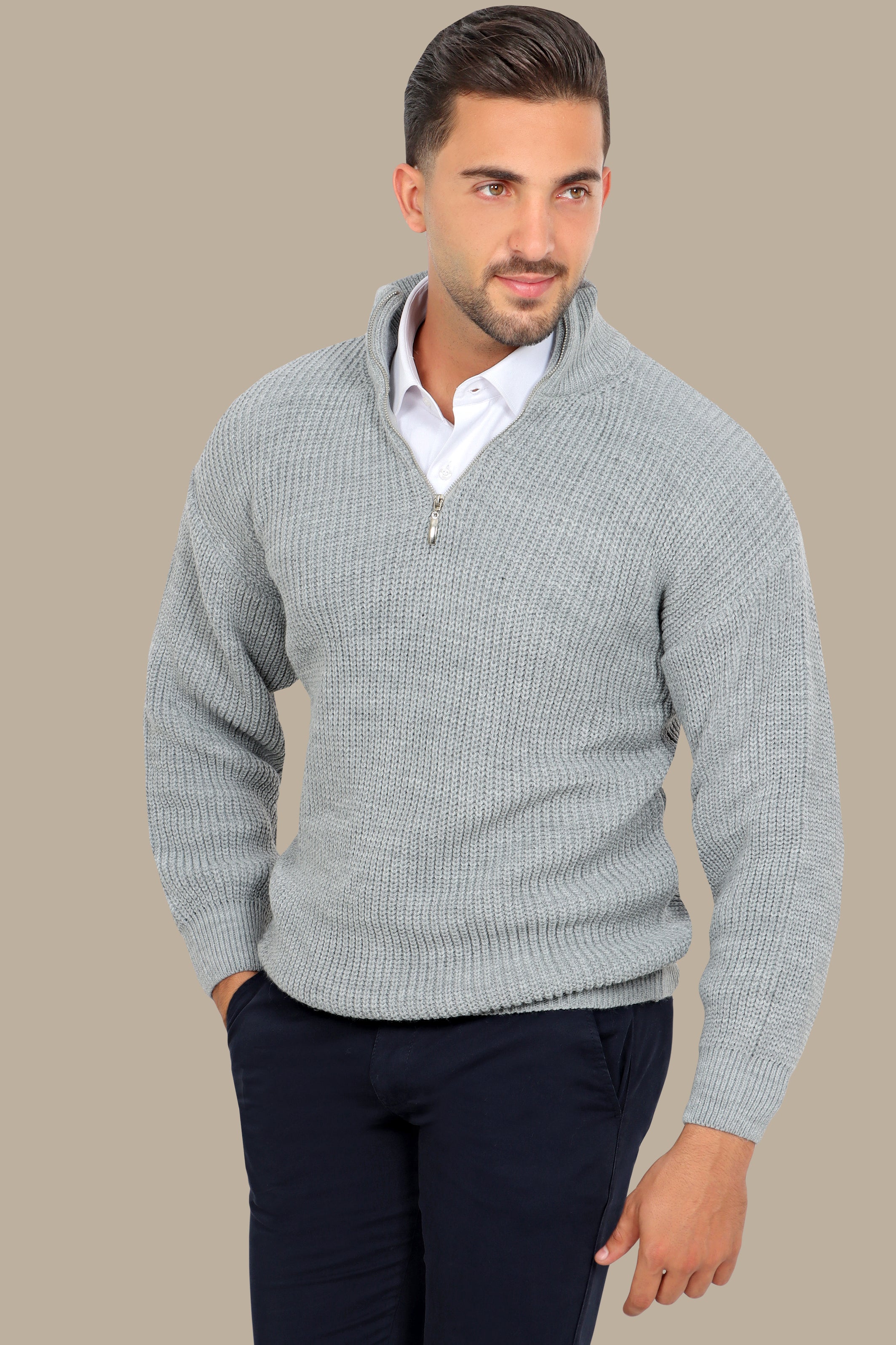 Grey Half-Zipper Plain Mercerized Sweater