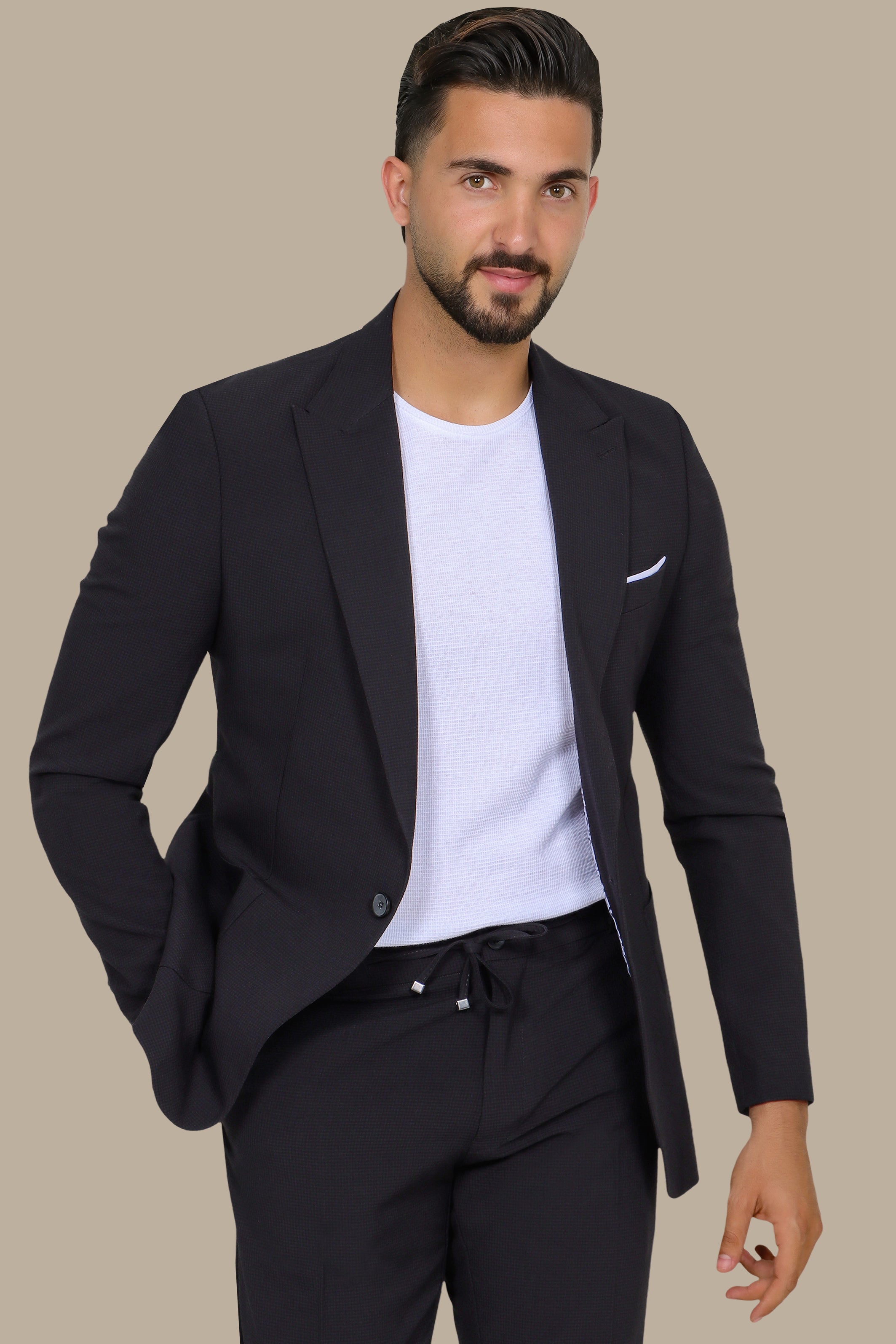 Black Travel Suit: Structured with Peak Lapel