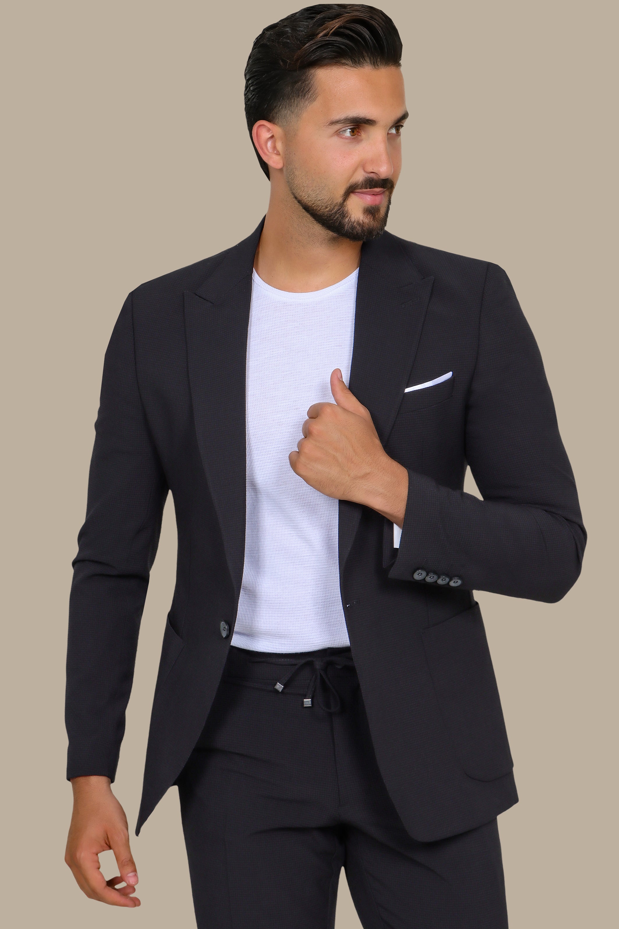 Black Travel Suit: Structured with Peak Lapel