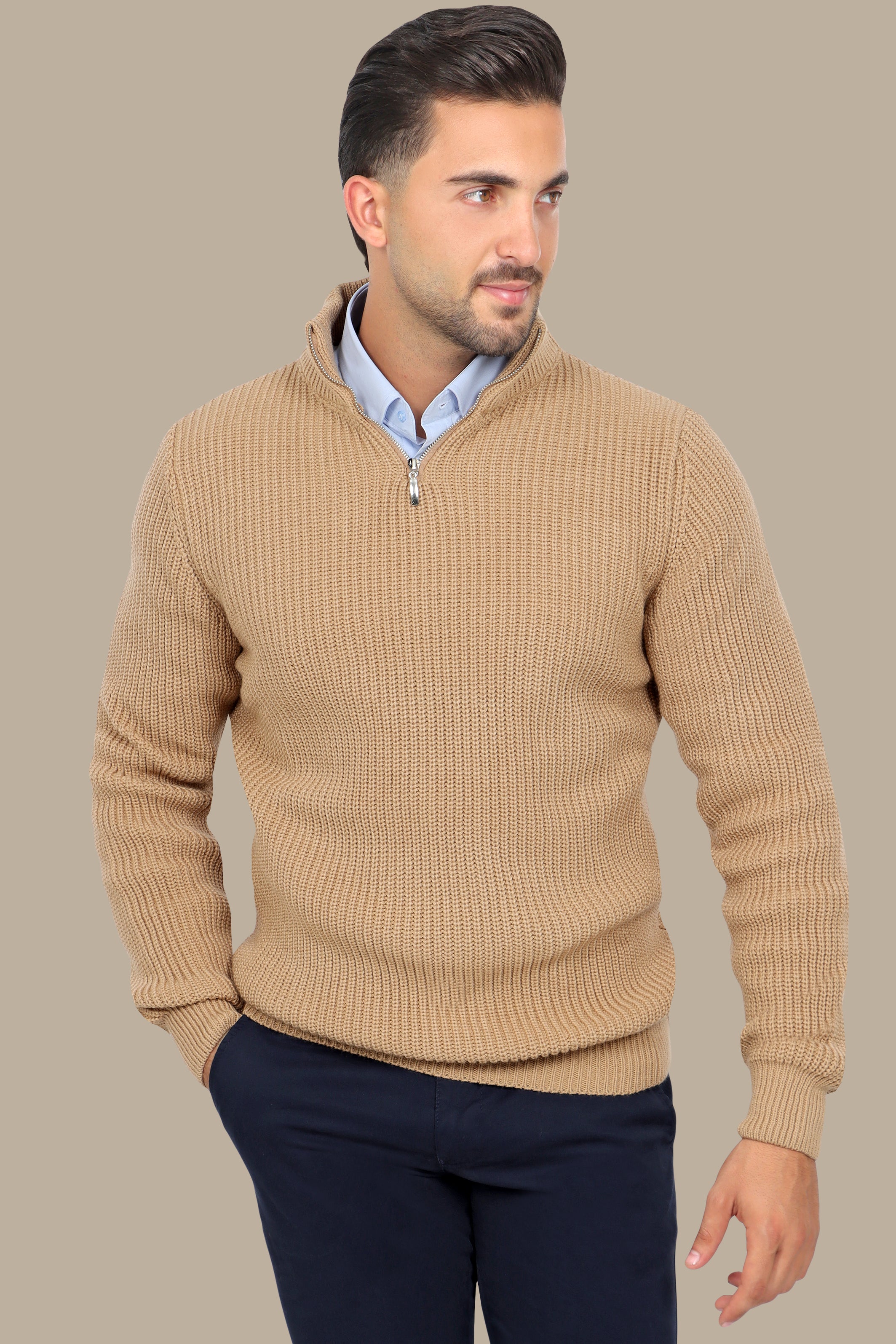 Beige Half-Zipper Plain Mercerized Sweater