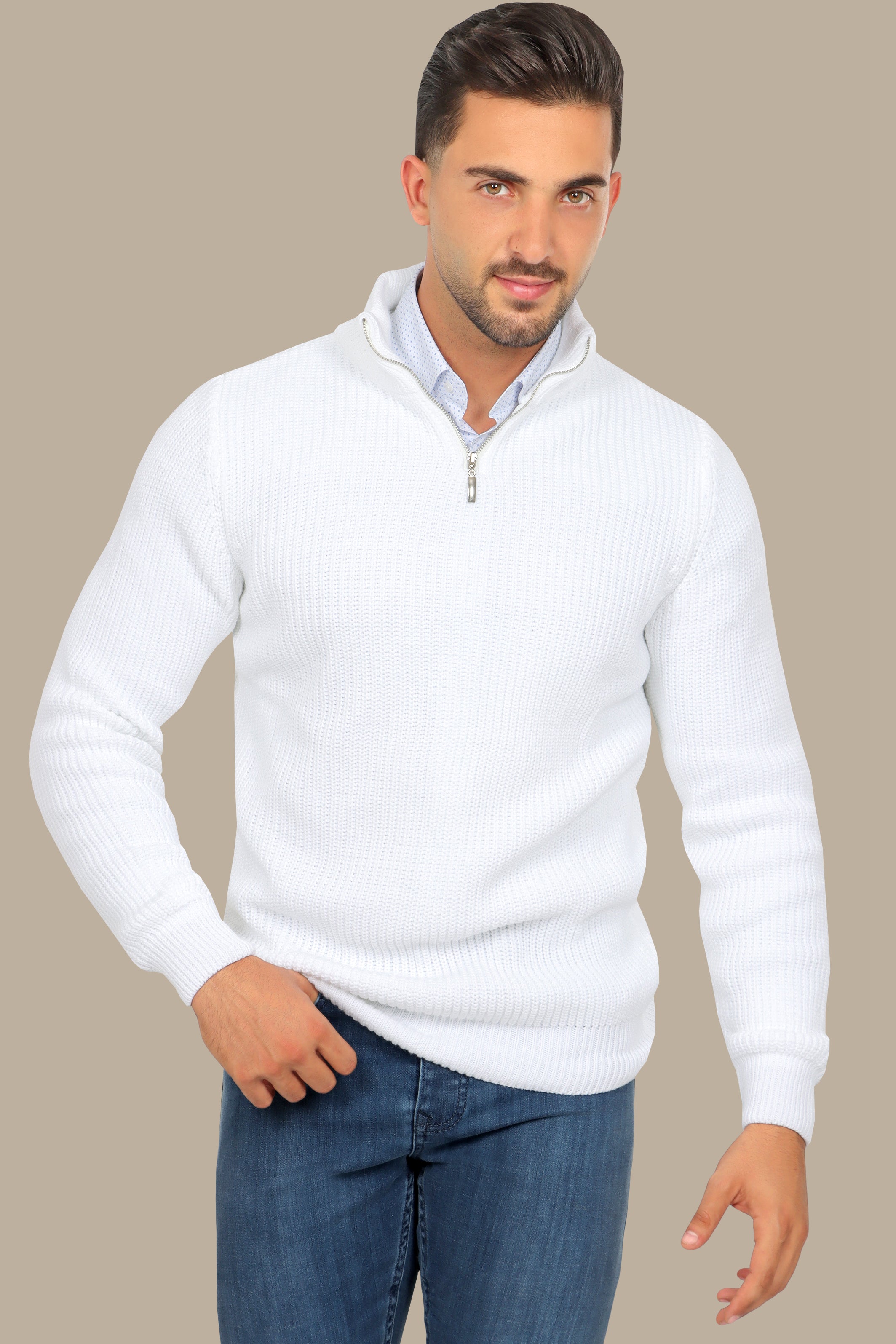 White Half-Zipper Plain Mercerized Sweater