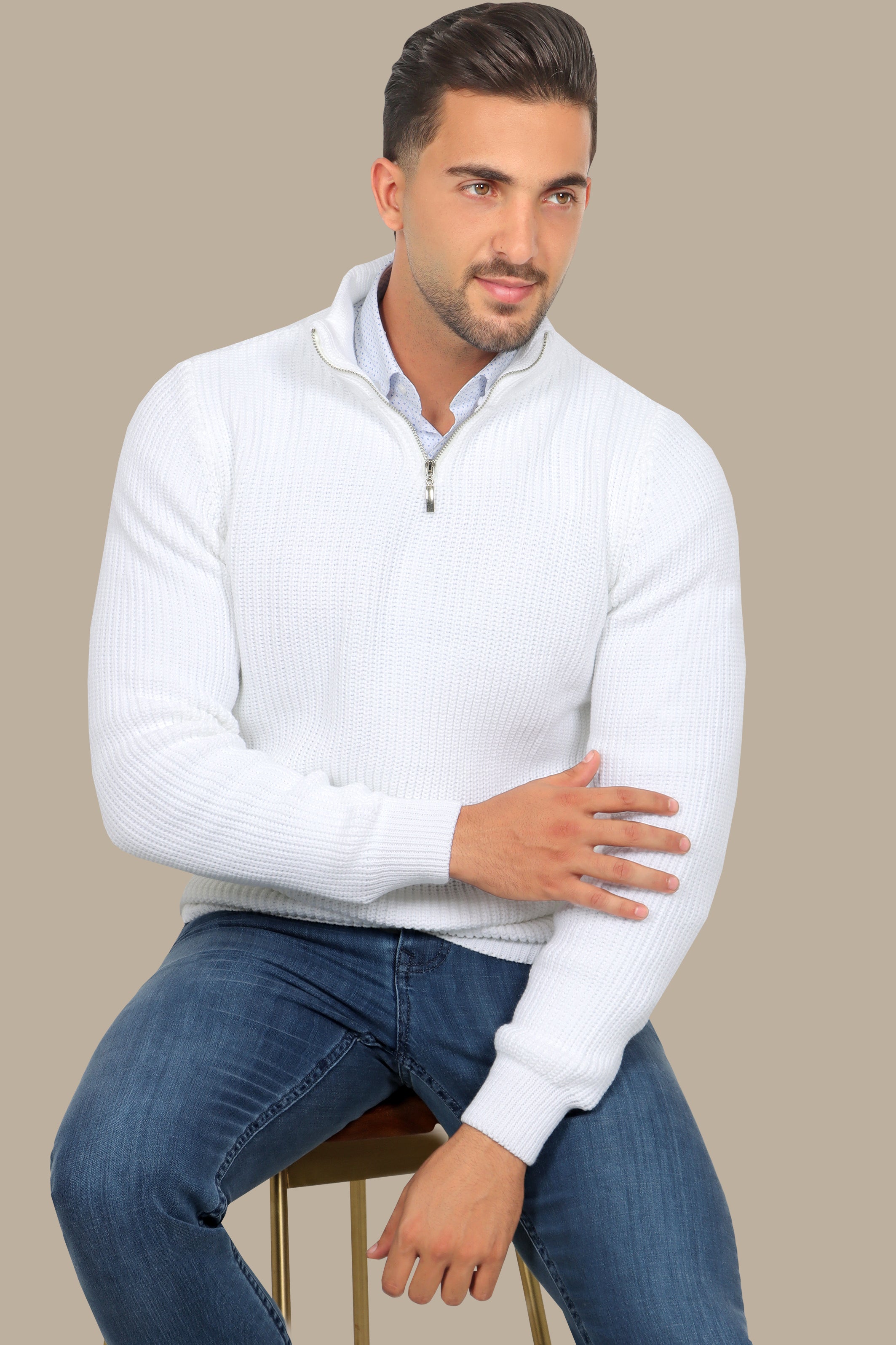 White Half-Zipper Plain Mercerized Sweater